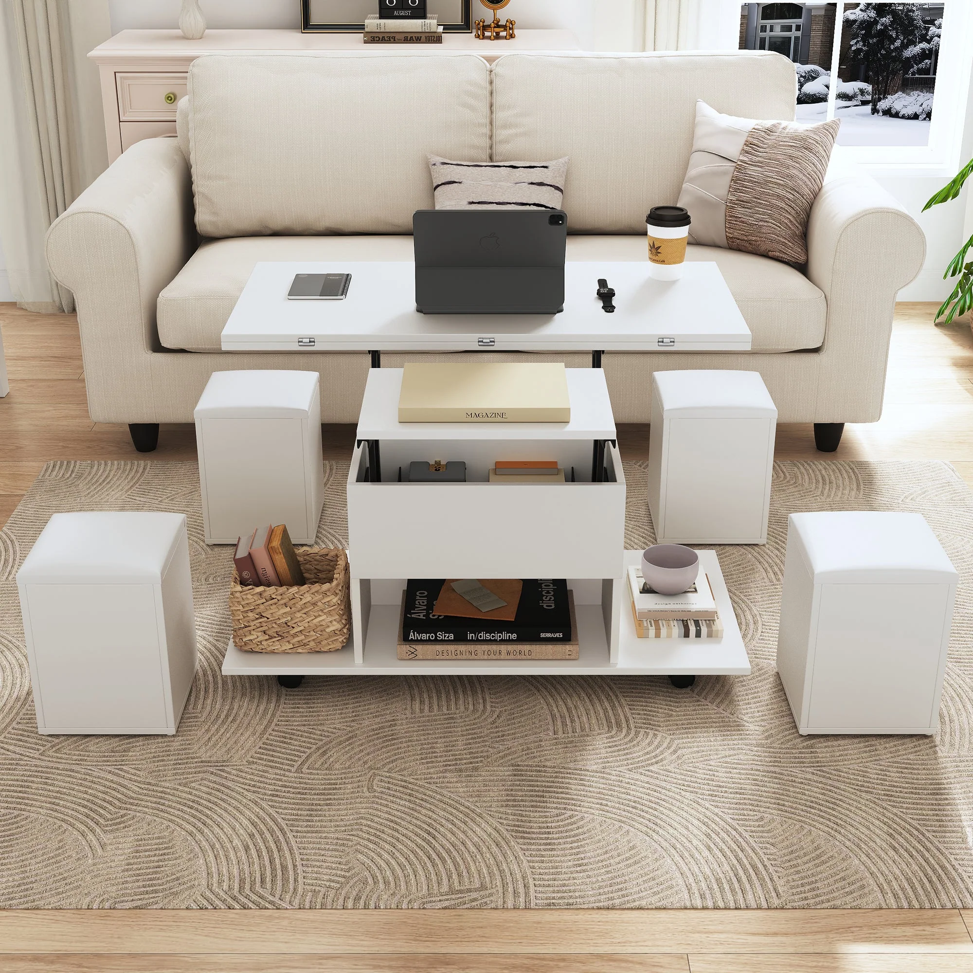 Liftable Coffee Table, Multifunctional with 2 Opening Tabletops, White - Image 5