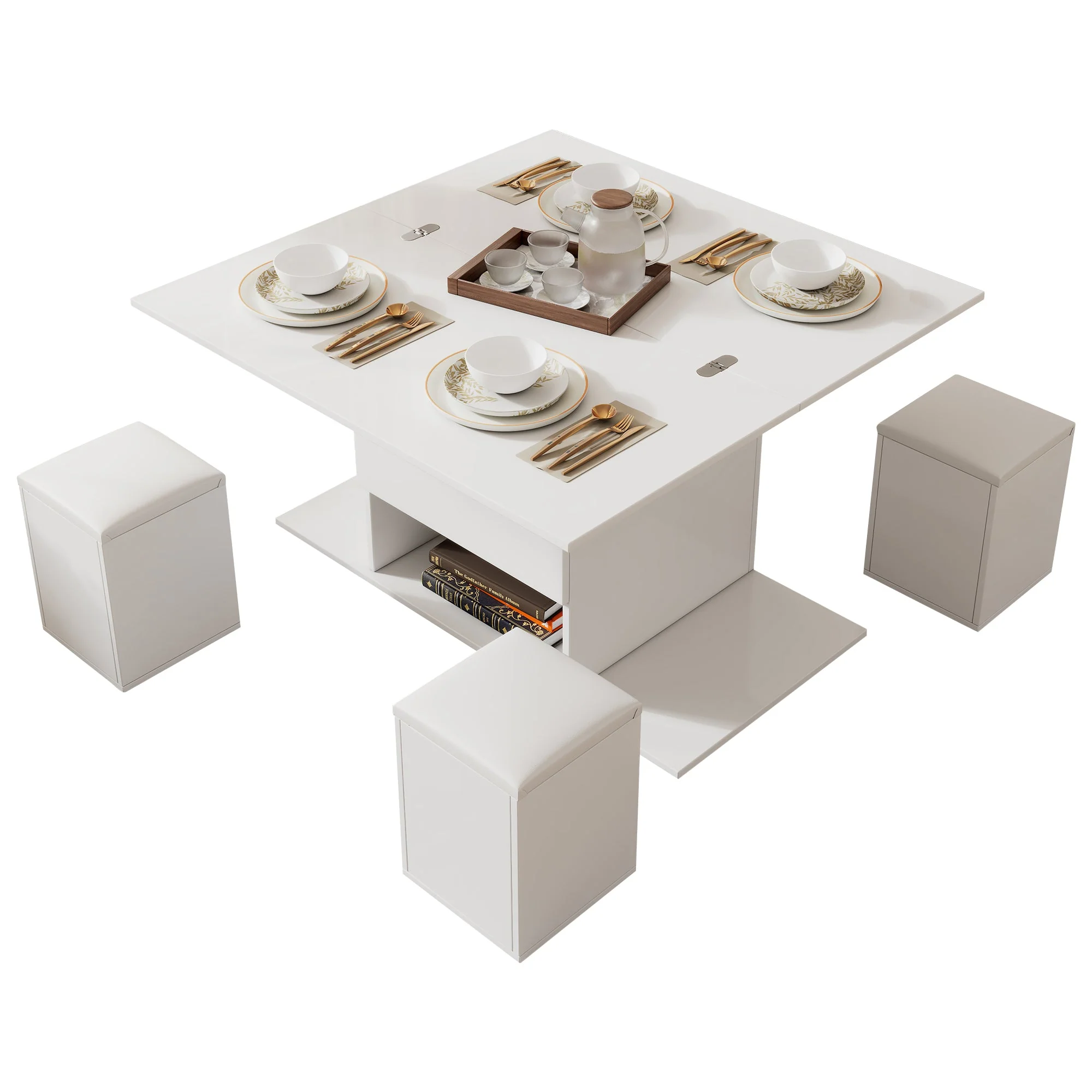 Liftable Coffee Table, Multifunctional with 2 Opening Tabletops, White - Image 8