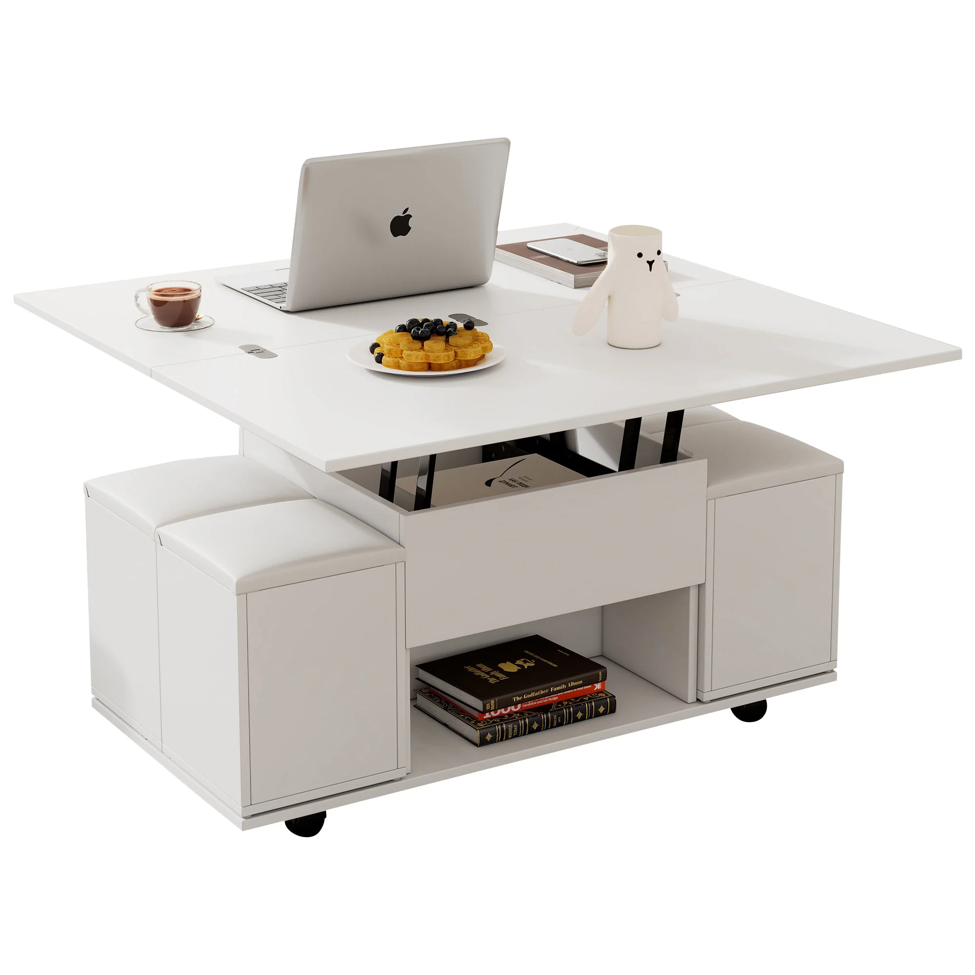 Liftable Coffee Table, Multifunctional with 2 Opening Tabletops, White - Image 9