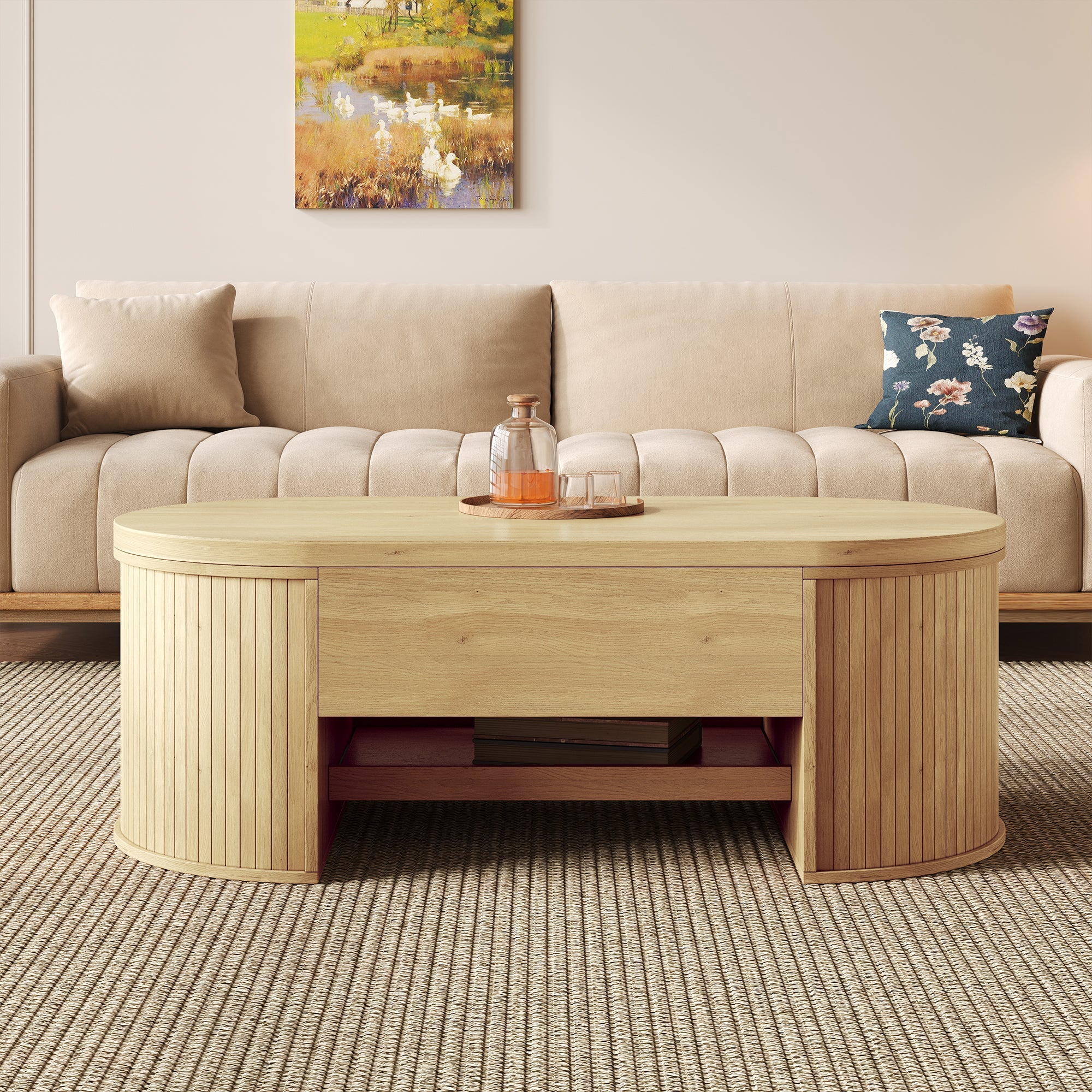 Liftable Coffee Table with Curved Wooden Sides, Extendable Shelf, Liftable Tabletop, Multifunctional Living Room Furniture - Image 10