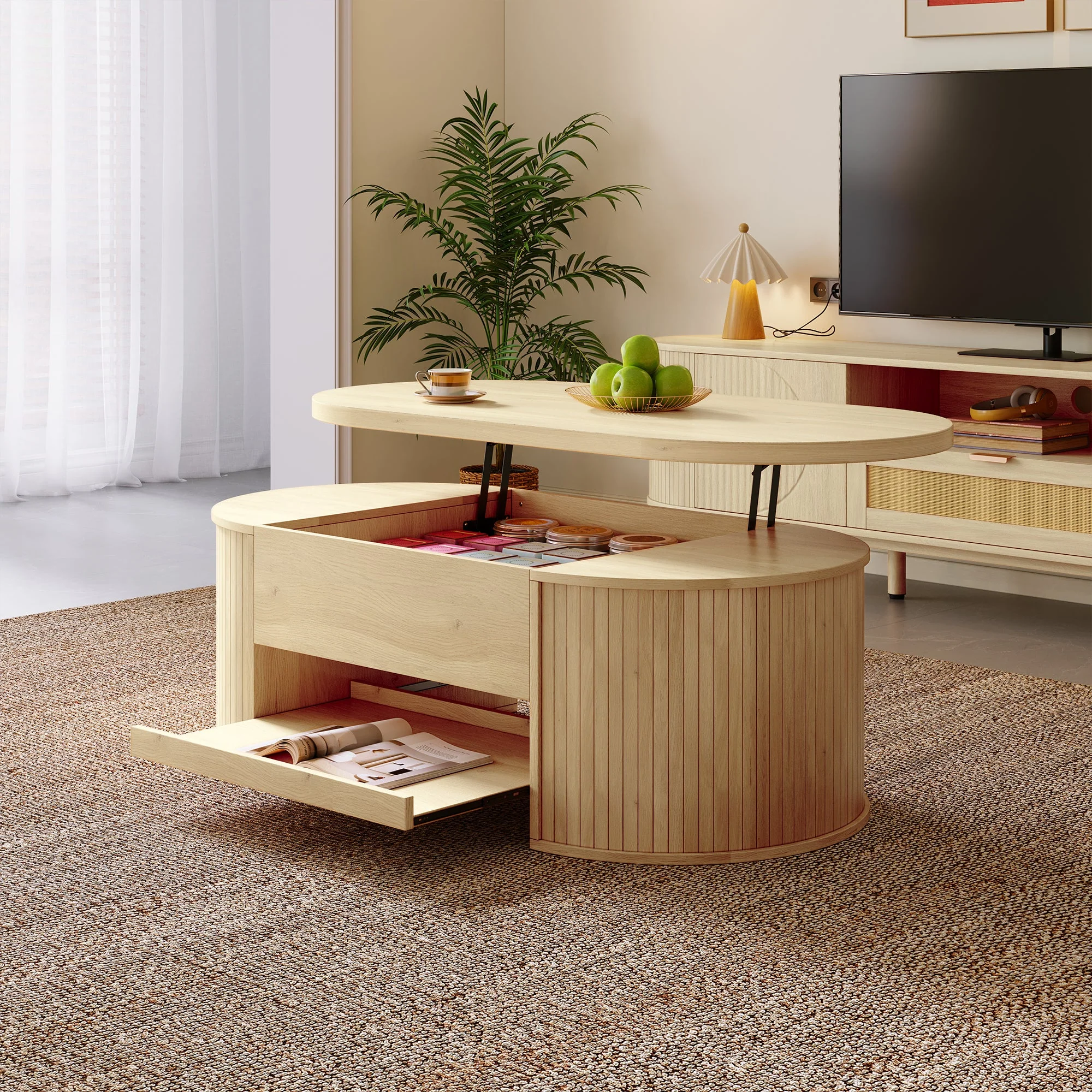Liftable Coffee Table with Curved Wooden Sides, Extendable Shelf, Liftable Tabletop, Multifunctional Living Room Furniture - Image 6