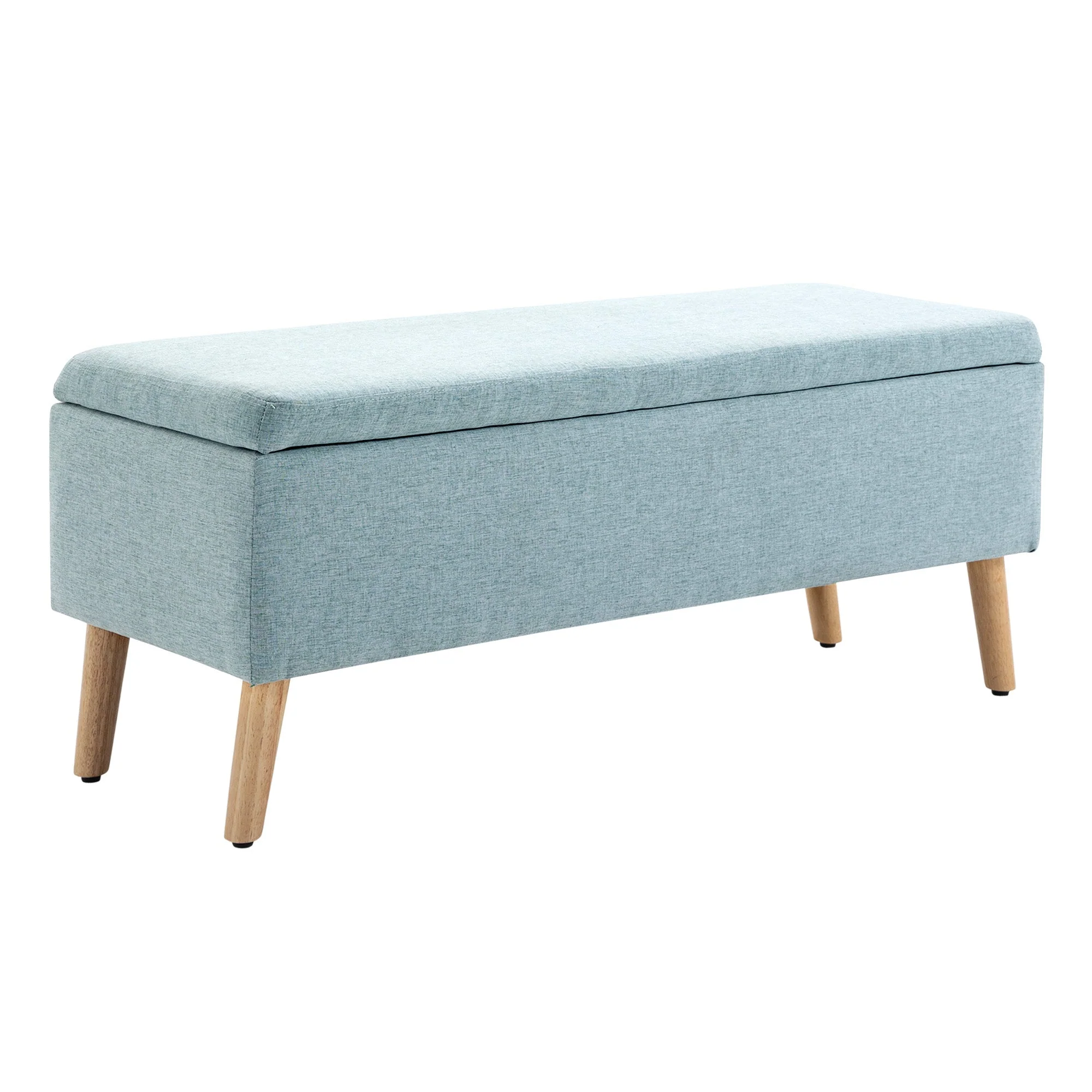 Light green upholstered bench with storage 110x39x45cm, linen-like polyester and rubber wood - Image 2