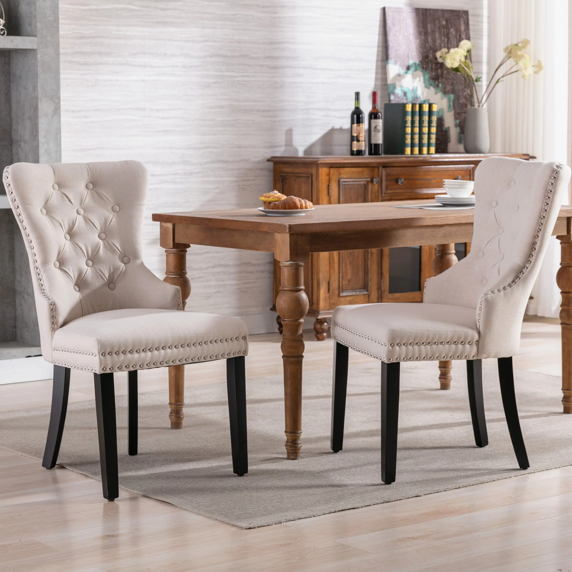 Linen Dining Chair with Oak Legs, Chrome Knocker and Nailhead Trim, Beige (6 Pieces) - Image 3