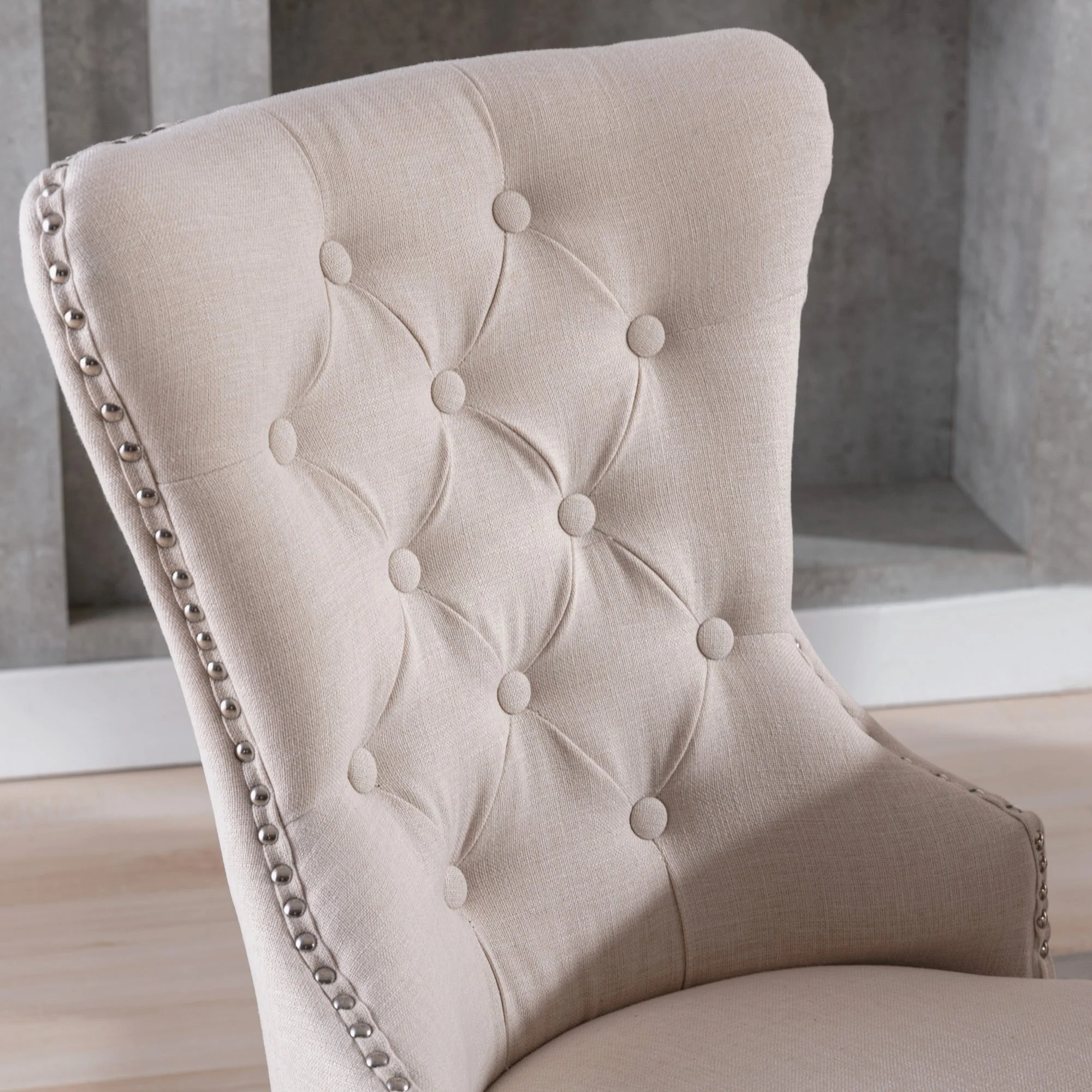 Linen Dining Chair with Oak Legs, Chrome Knocker and Nailhead Trim, Beige (6 Pieces) - Image 7