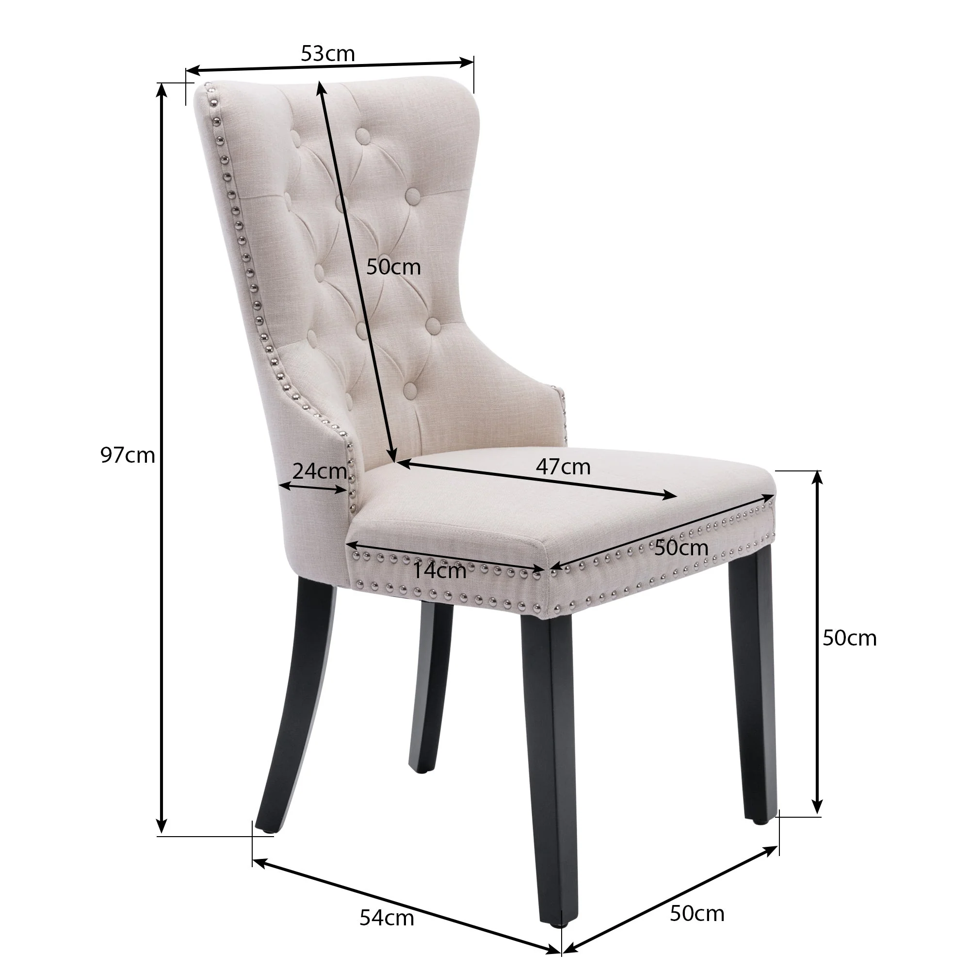 Linen Dining Chair with Oak Legs, Chrome Knocker and Nailhead Trim, Beige (6 Pieces) - Image 8