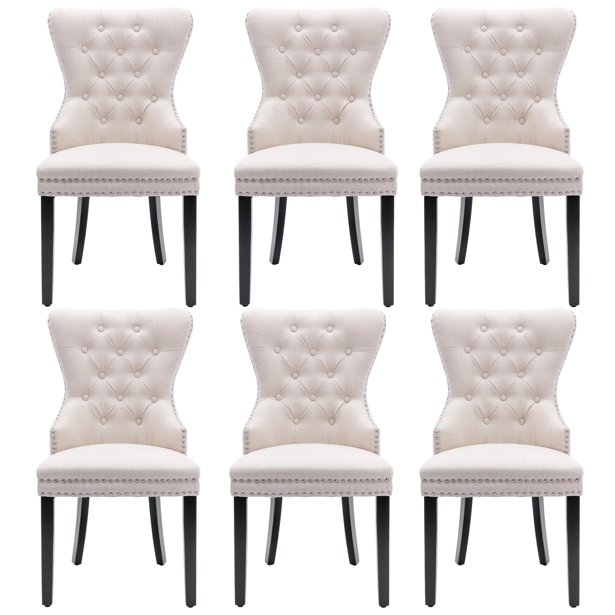 Linen Dining Chair with Oak Legs, Chrome Knocker and Nailhead Trim, Beige (6 Pieces) - Image 9