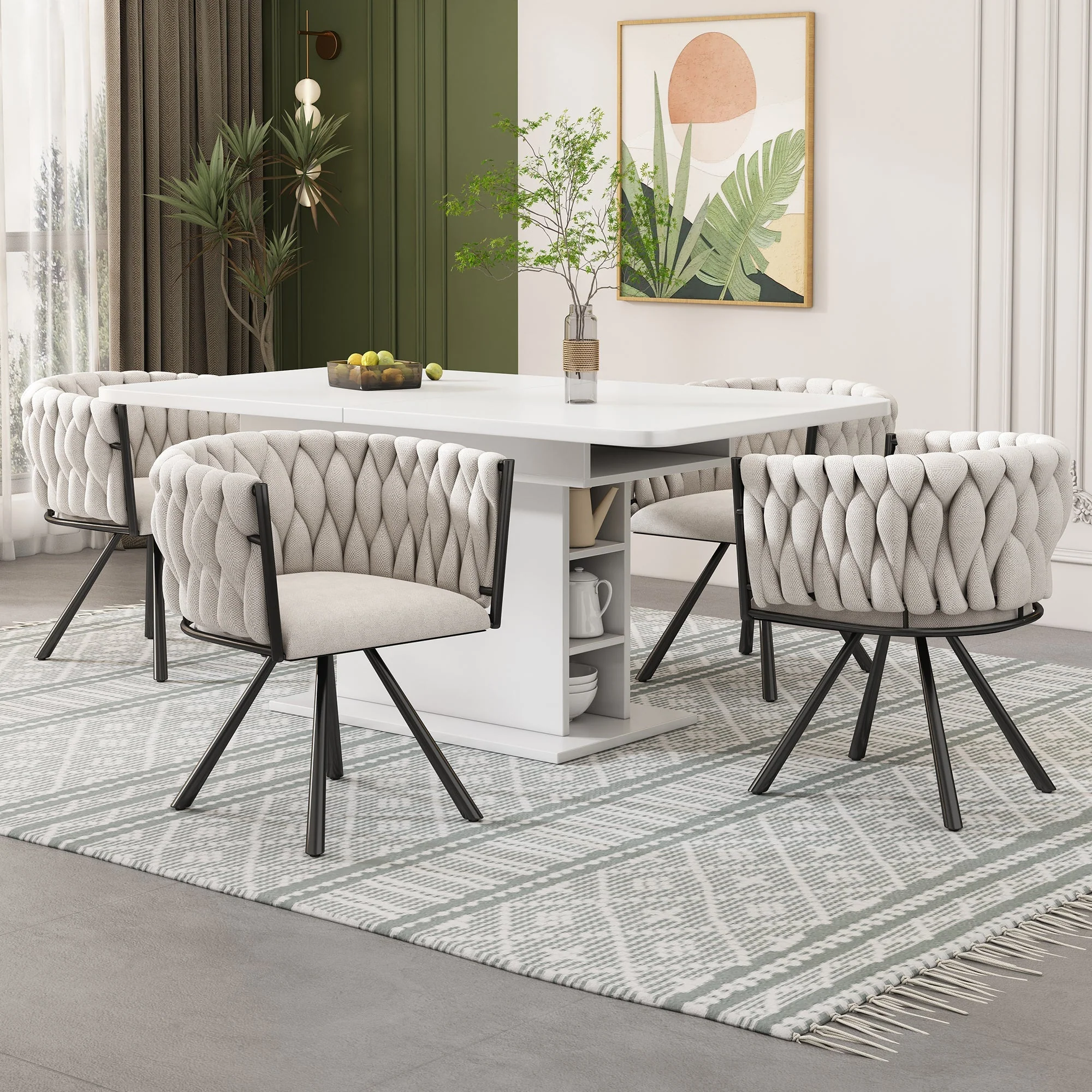 Linen Dining Chairs, Set of 2, Swivel Design with Metal Support Legs, Beige and Black Linen - Image 2