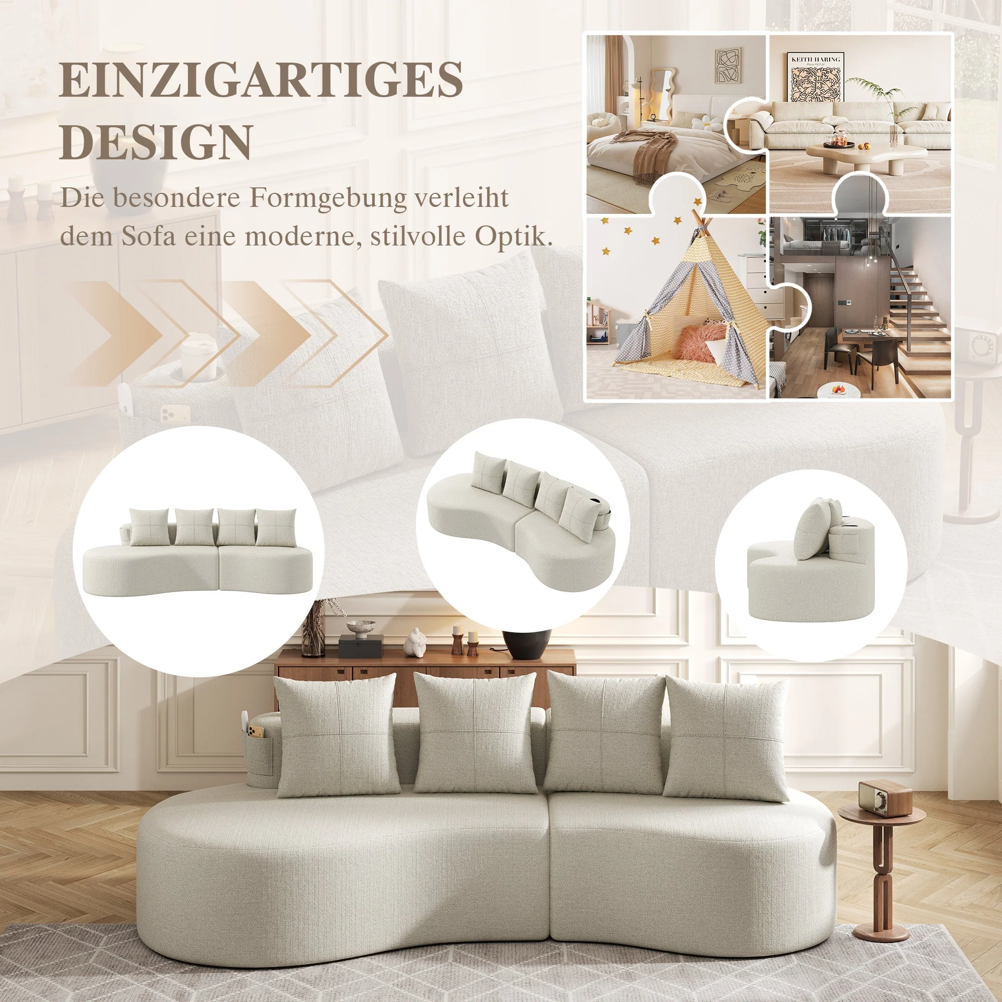 Linen Sofa with 4 Cushions, Cup Holder and Side Pocket, Beige - Image 10