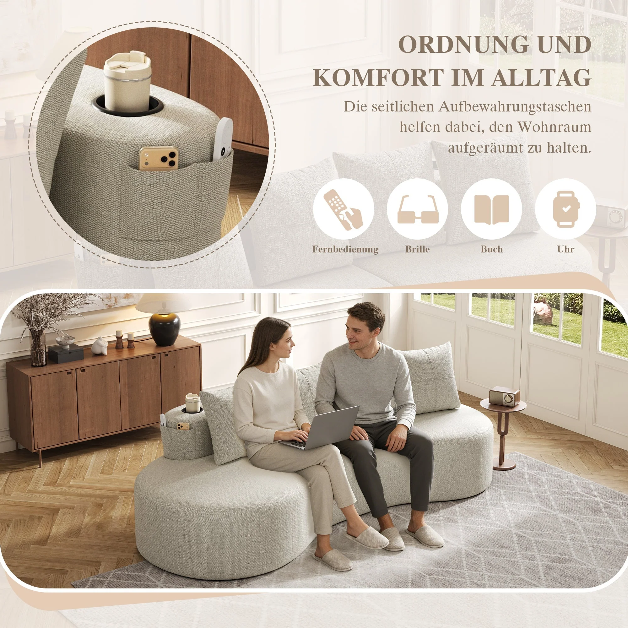 Linen Sofa with 4 Cushions, Cup Holder and Side Pocket, Beige - Image 4