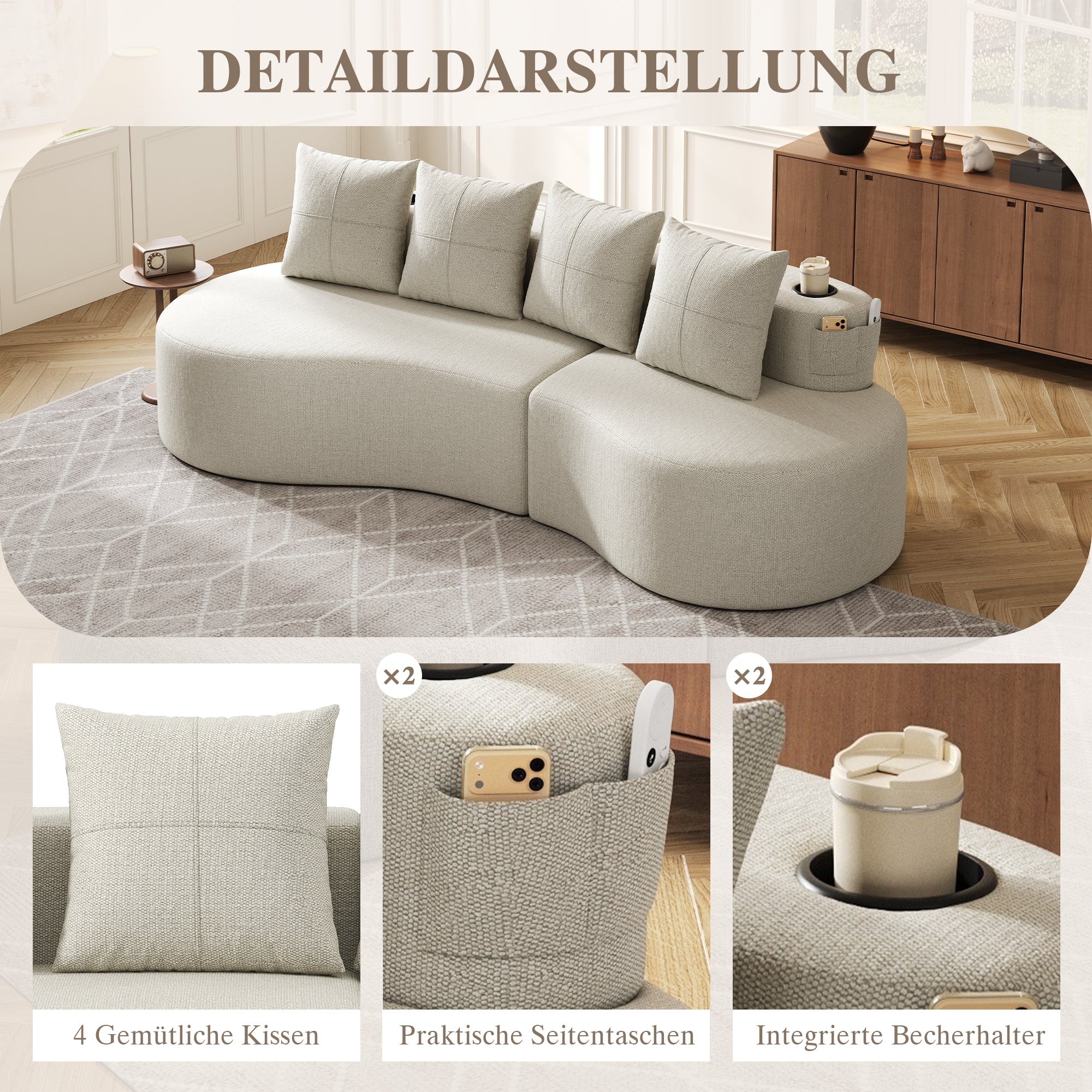 Linen Sofa with 4 Cushions, Cup Holder and Side Pocket, Beige - Image 7