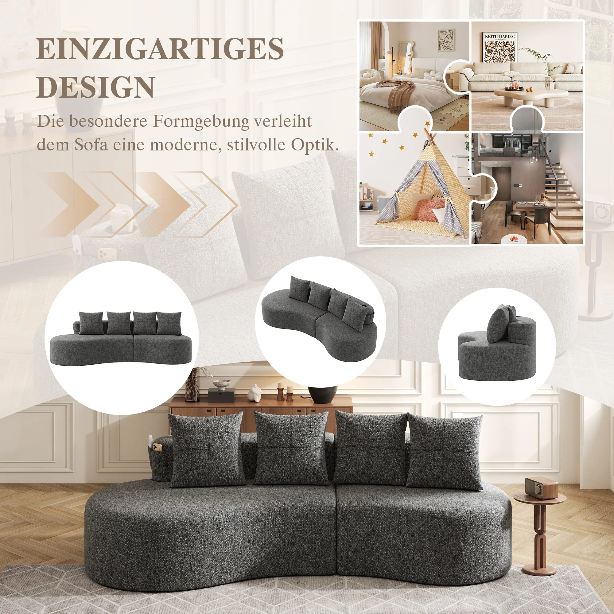 Linen Sofa with 4 Cushions, Cup Holder and Side Pocket, Dark Grey - Image 10