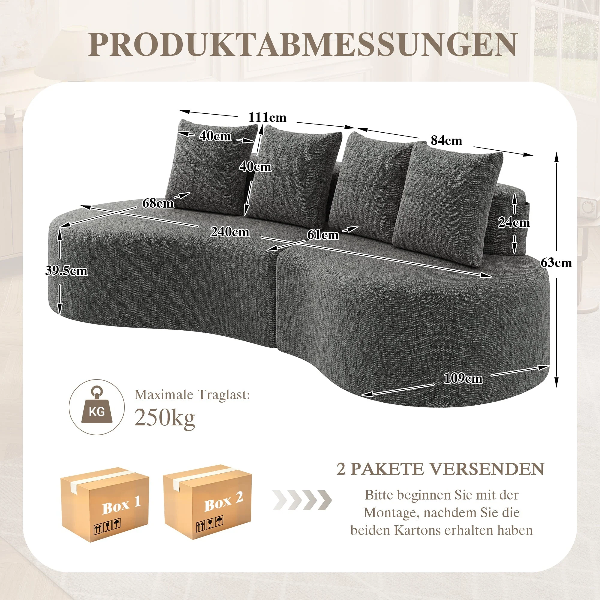 Linen Sofa with 4 Cushions, Cup Holder and Side Pocket, Dark Grey - Image 3