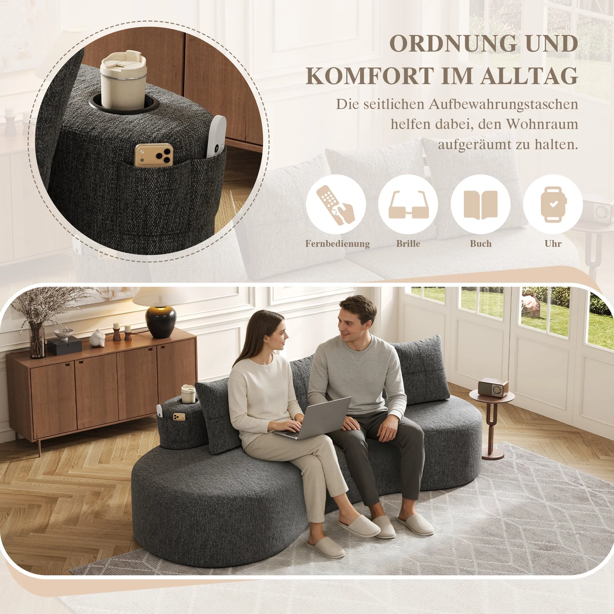 Linen Sofa with 4 Cushions, Cup Holder and Side Pocket, Dark Grey - Image 4