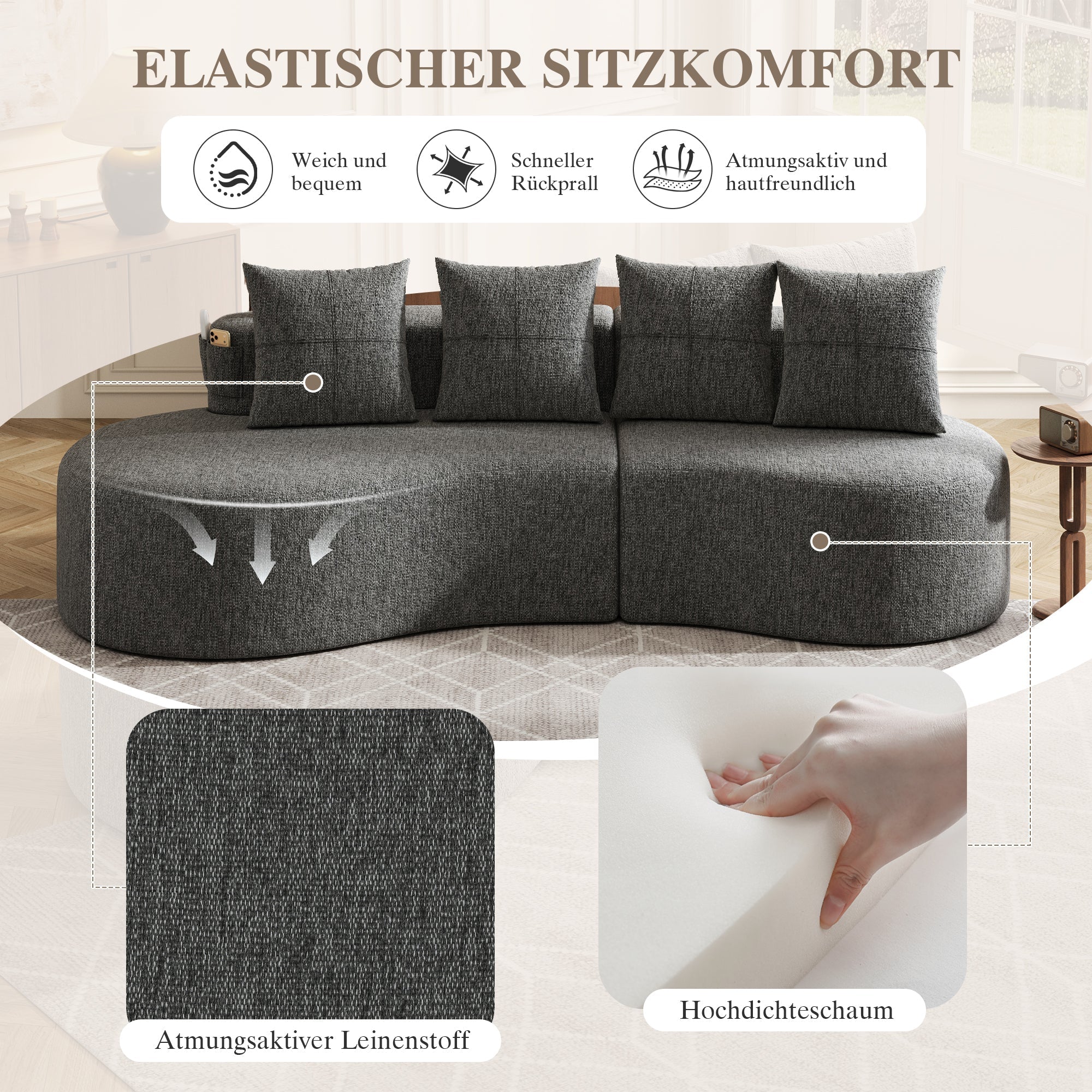 Linen Sofa with 4 Cushions, Cup Holder and Side Pocket, Dark Grey - Image 5