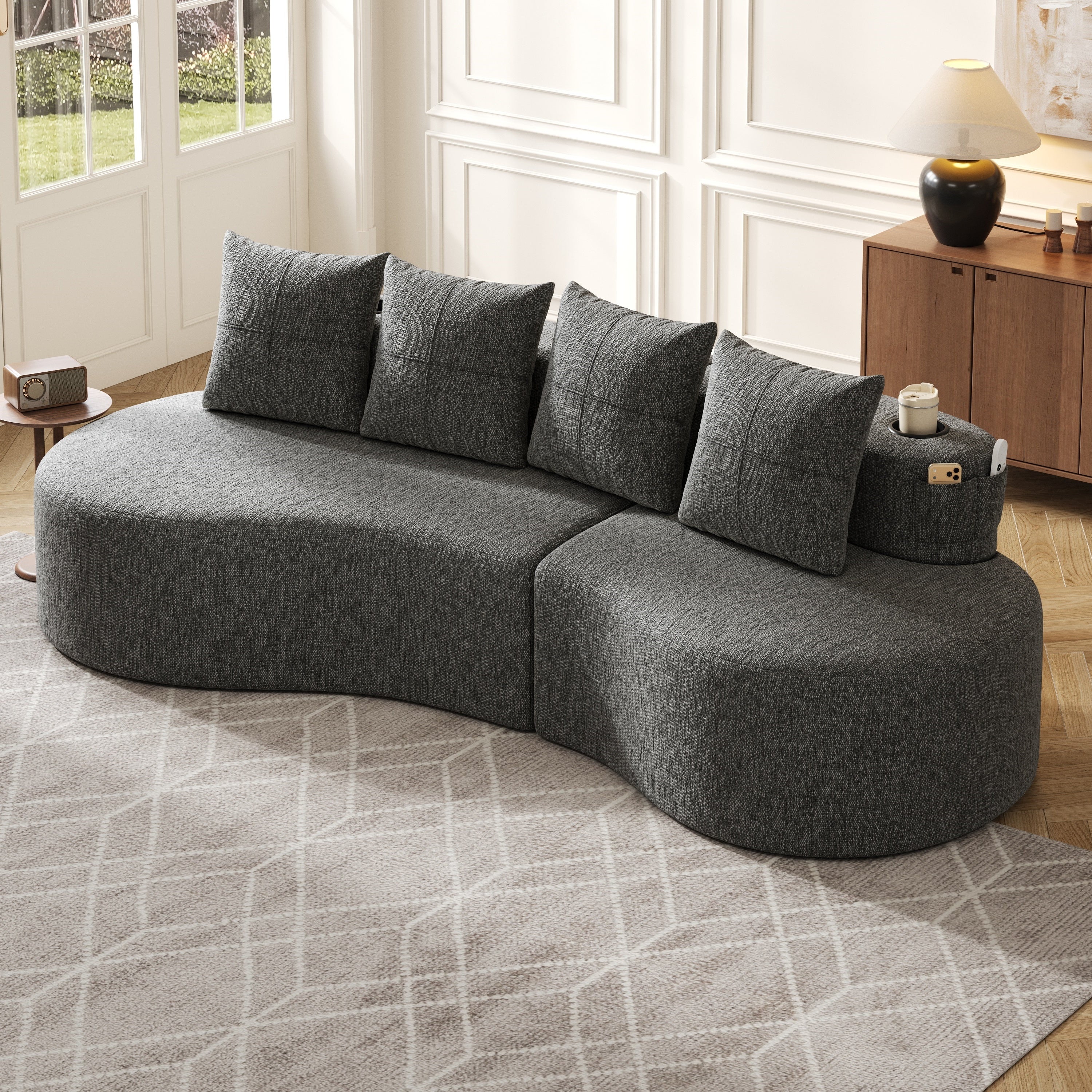 Linen Sofa with 4 Cushions, Cup Holder and Side Pocket, Dark Grey - Image 6