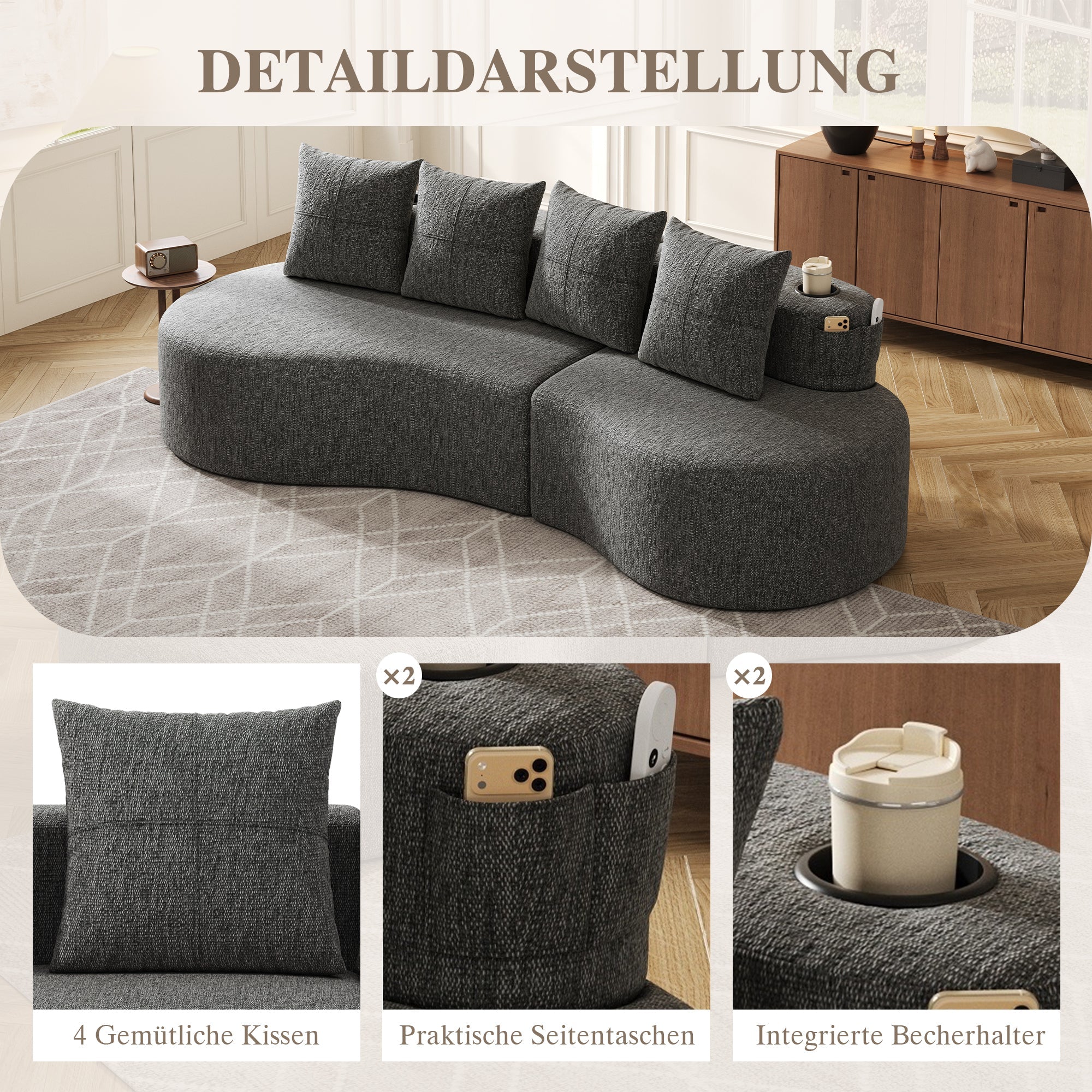 Linen Sofa with 4 Cushions, Cup Holder and Side Pocket, Dark Grey - Image 7