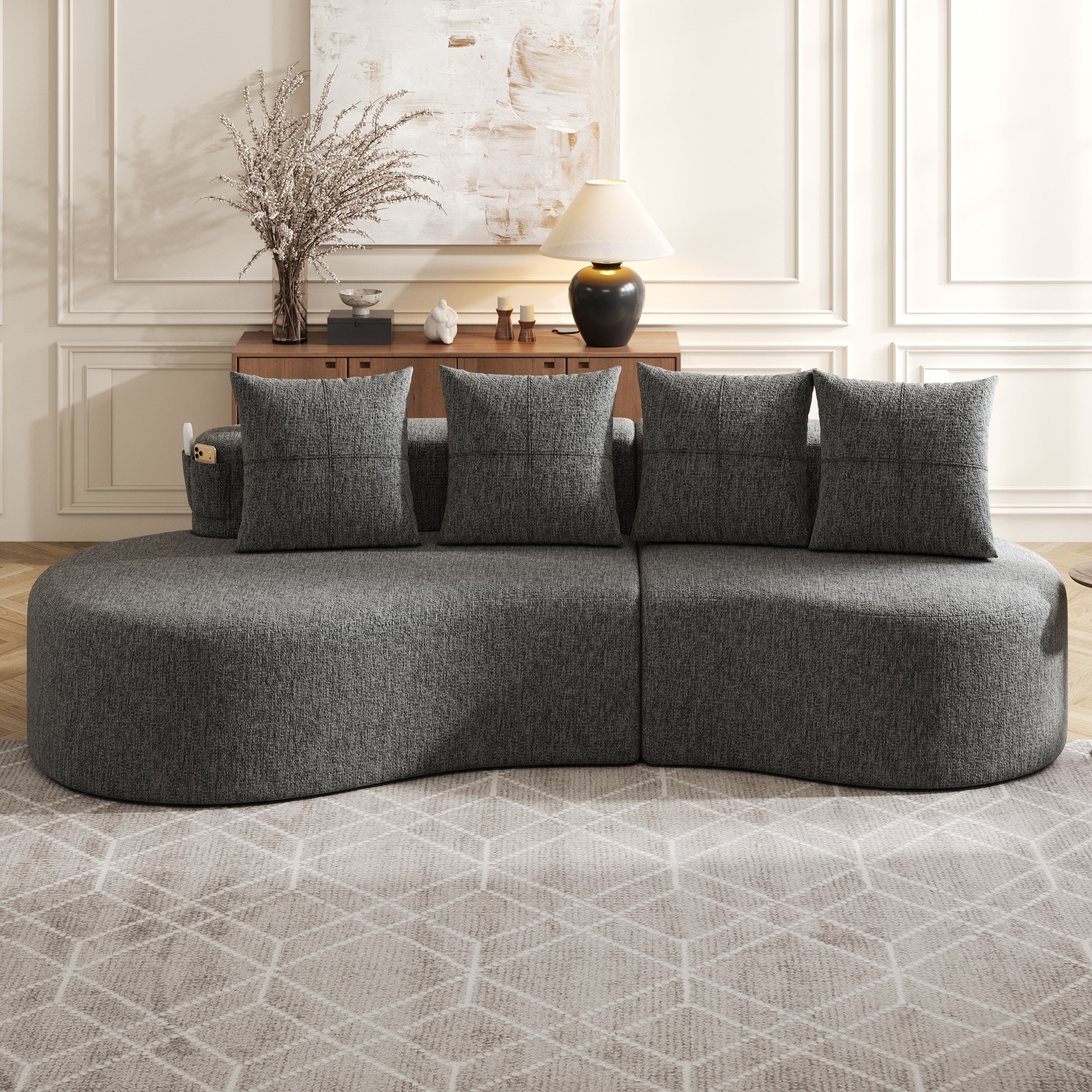 Linen Sofa with 4 Cushions, Cup Holder and Side Pocket, Dark Grey - Image 9