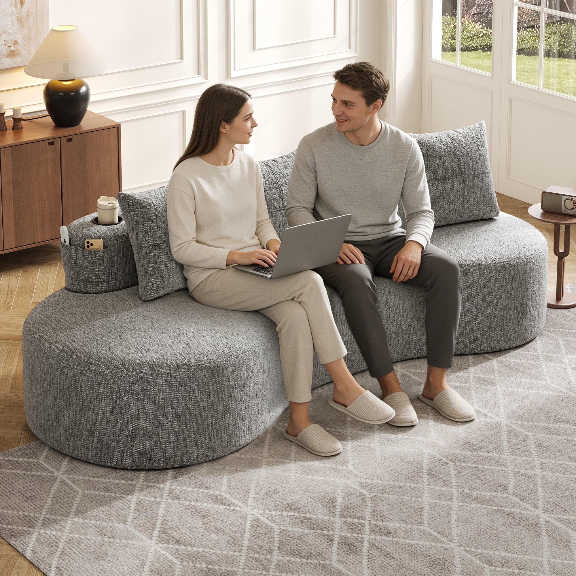 Linen Sofa with 4 Cushions, Cup Holder and Side Pocket, Light Grey - Image 2