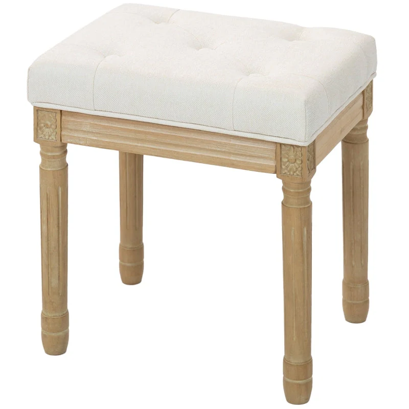 Linen Stool Upholstered Padded Seat Wooden Legs - Beige - Image 7