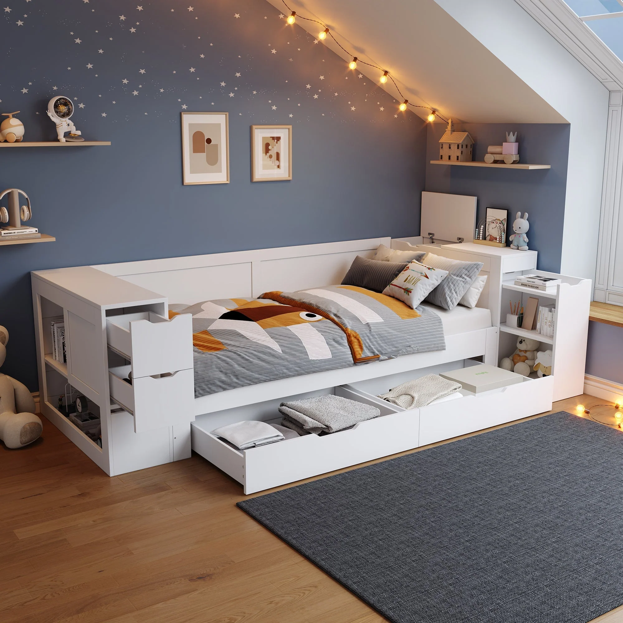 Lit Enfant Simple avec Tiroirs et Rangement, 90x190cm, Blanc