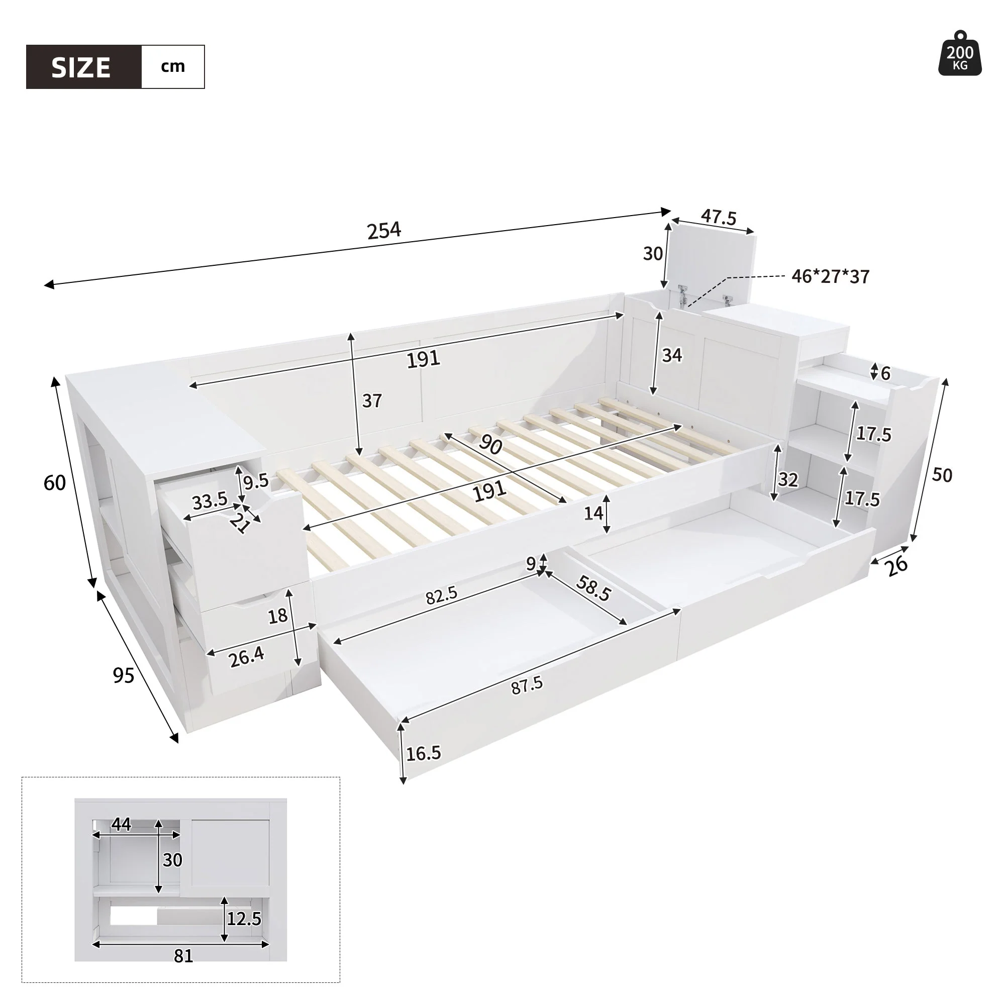 Lit Enfant Simple avec Tiroirs et Rangement, 90x190cm, Blanc - Image 7