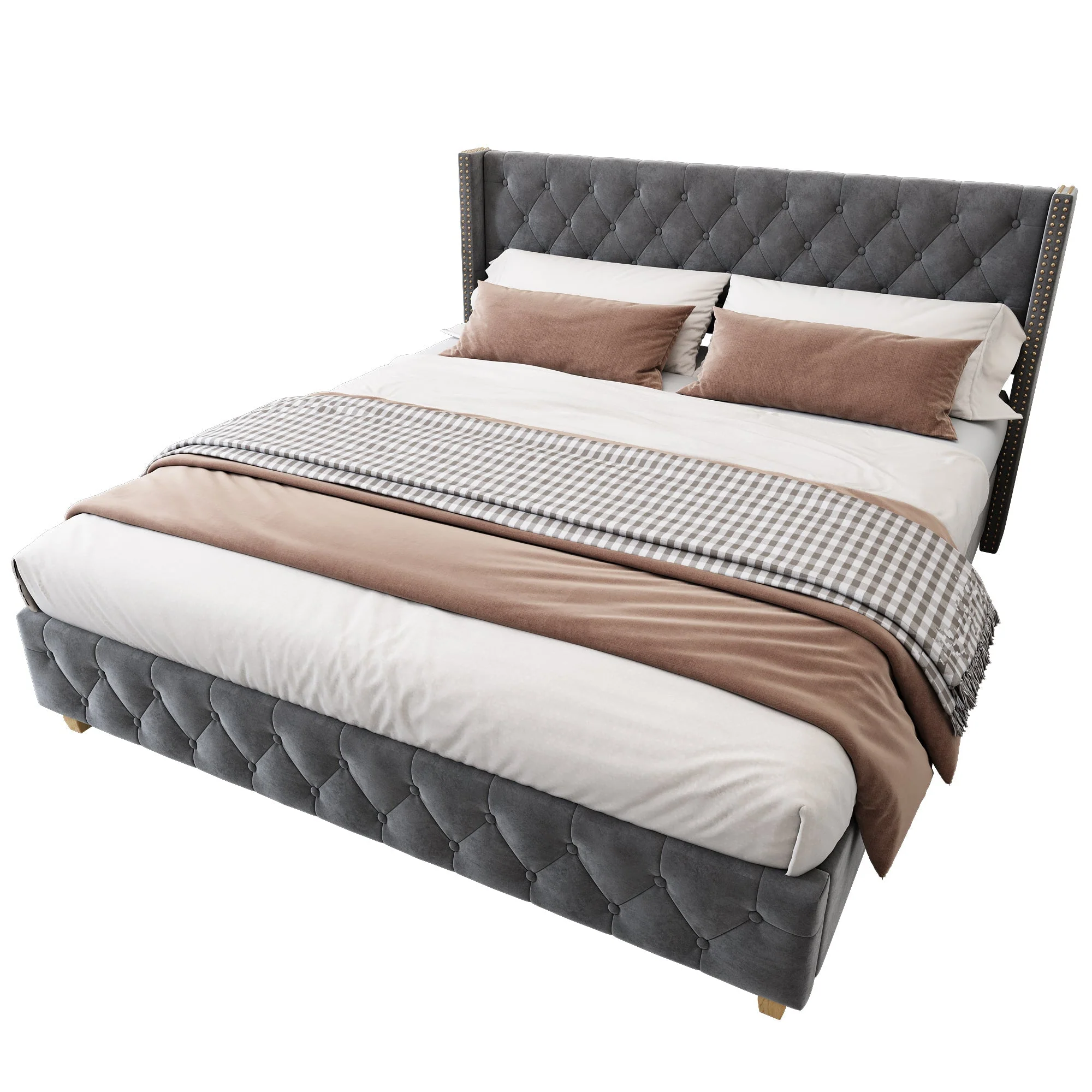Lit rembourré 140x190cm Tête de lit Sommier à lattes Boutons Rivets Pieds en bois Velours gris - Image 4