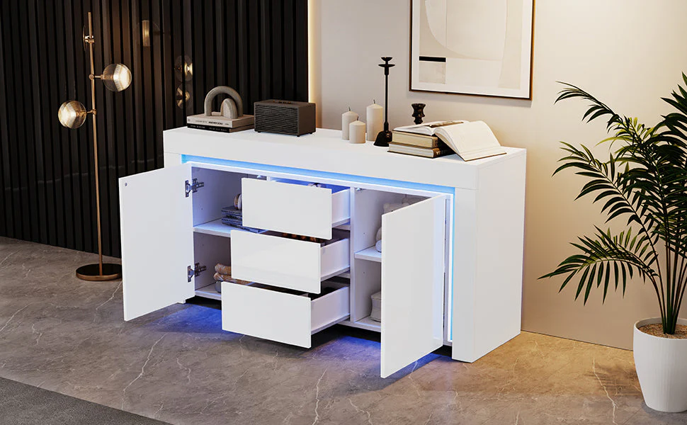 Living Room Cabinet 140cm 3 Drawers 2 Doors LED High-Gloss White - Image 7