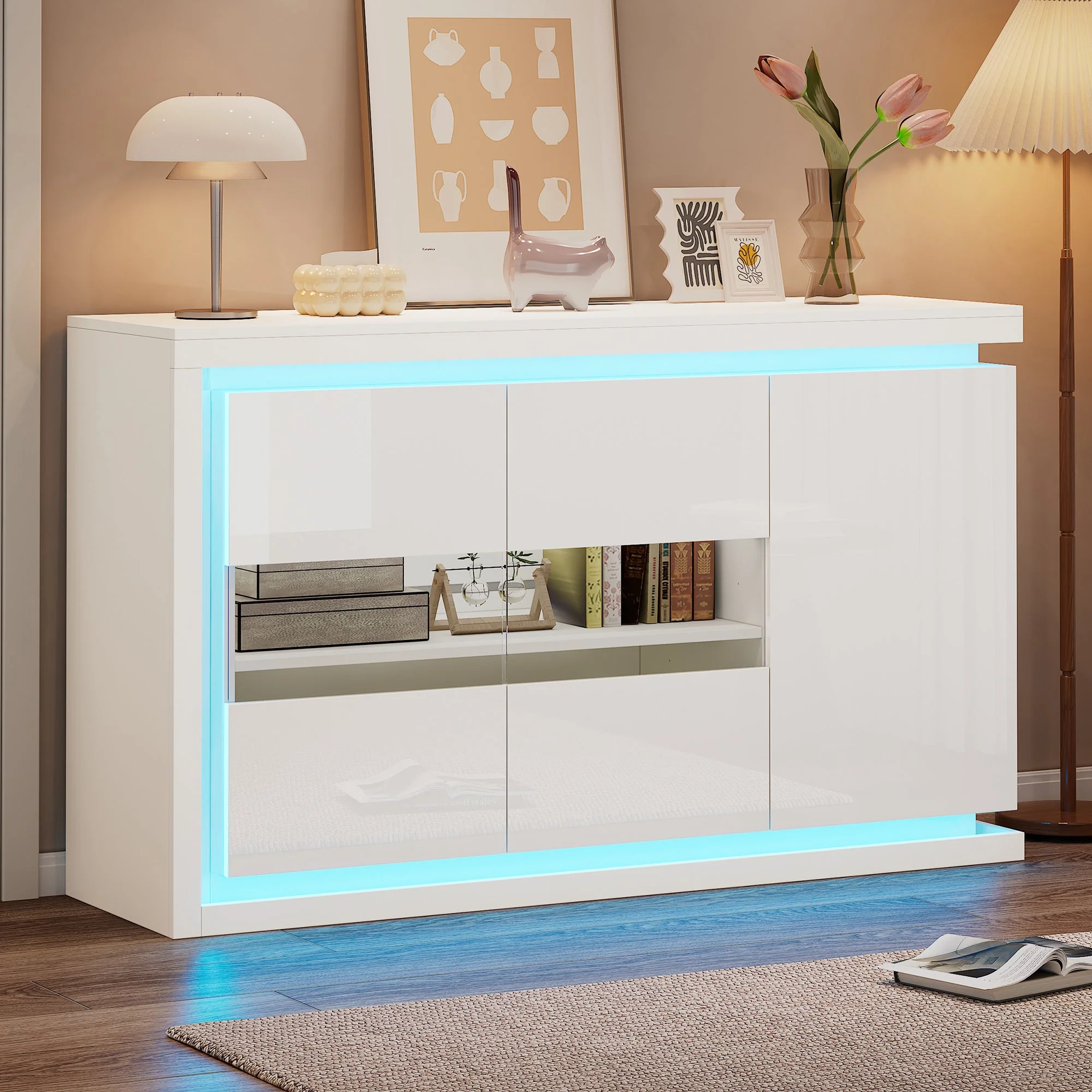 Living Room Cabinet, 140cm, 4 Compartments, High-Gloss, LED, Tempered Glass Doors