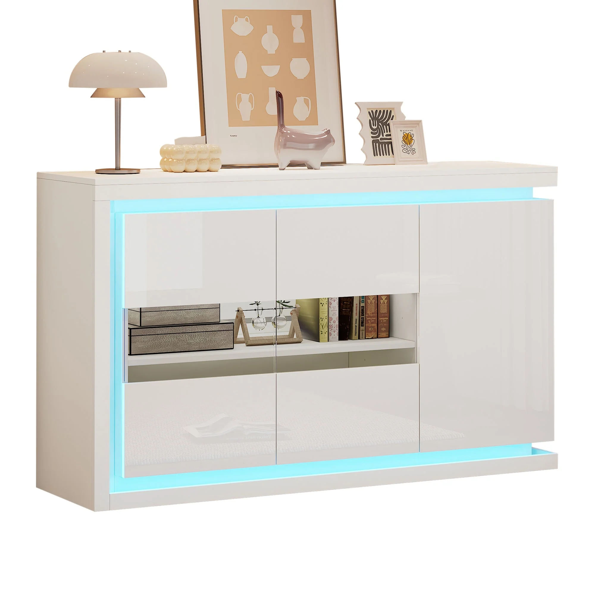 Living Room Cabinet, 140cm, 4 Compartments, High-Gloss, LED, Tempered Glass Doors - Image 6