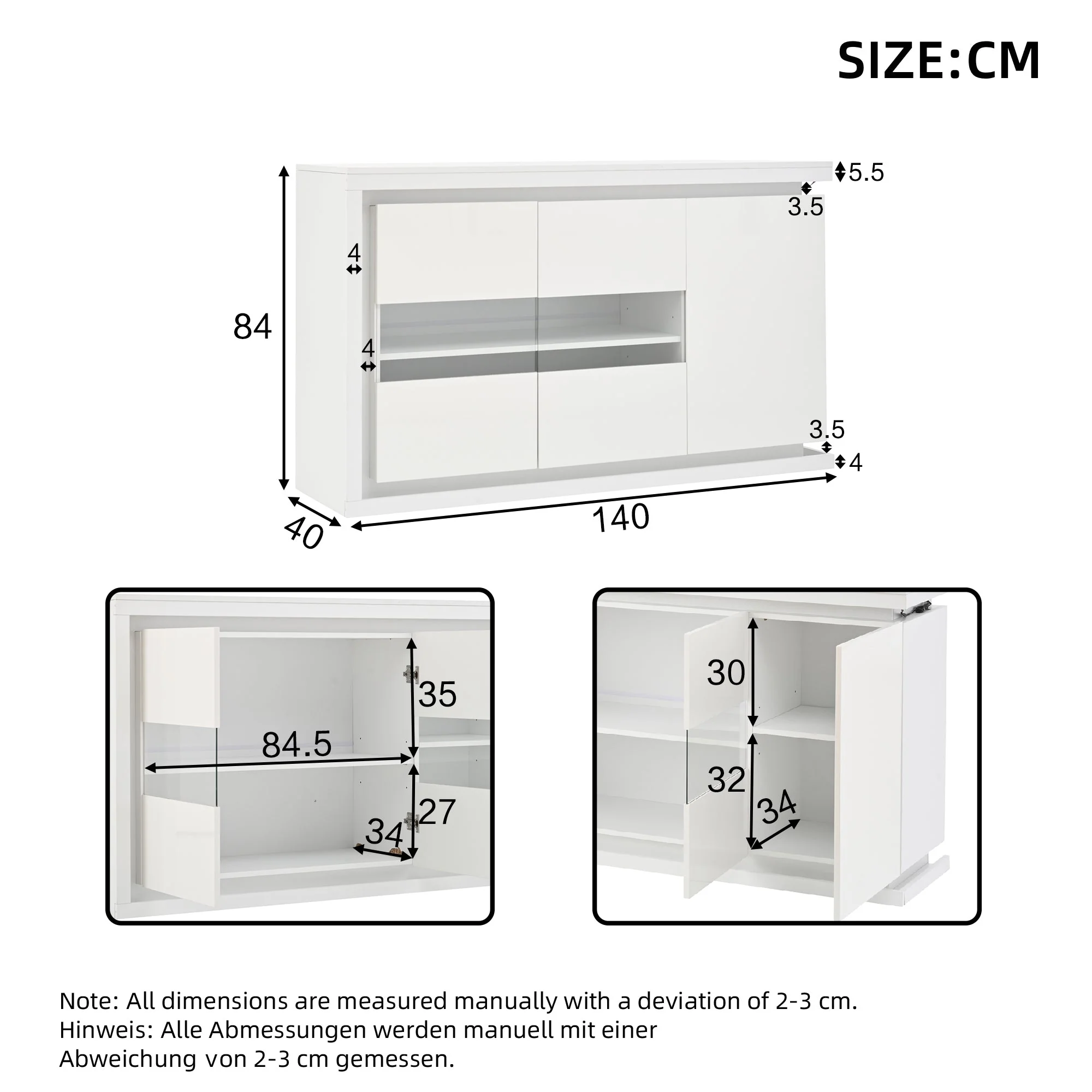 Living Room Cabinet, 140cm, 4 Compartments, High-Gloss, LED, Tempered Glass Doors - Image 7