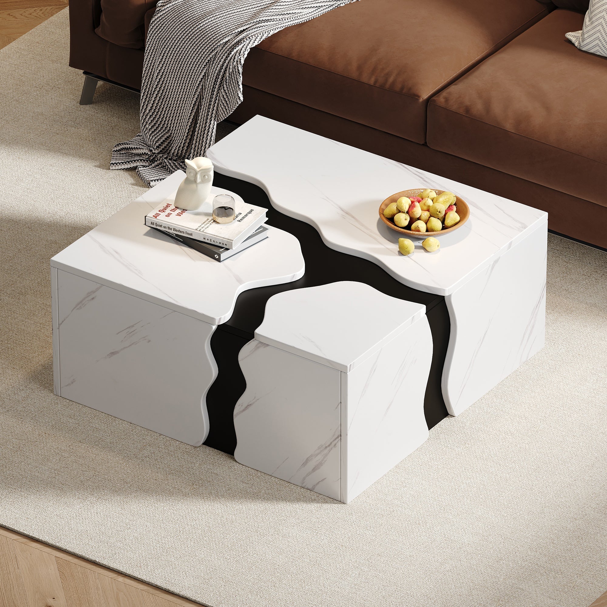 Living Room Coffee Table 70x70x31cm Cube Design Drawer Storage Marble Veneer - Image 2