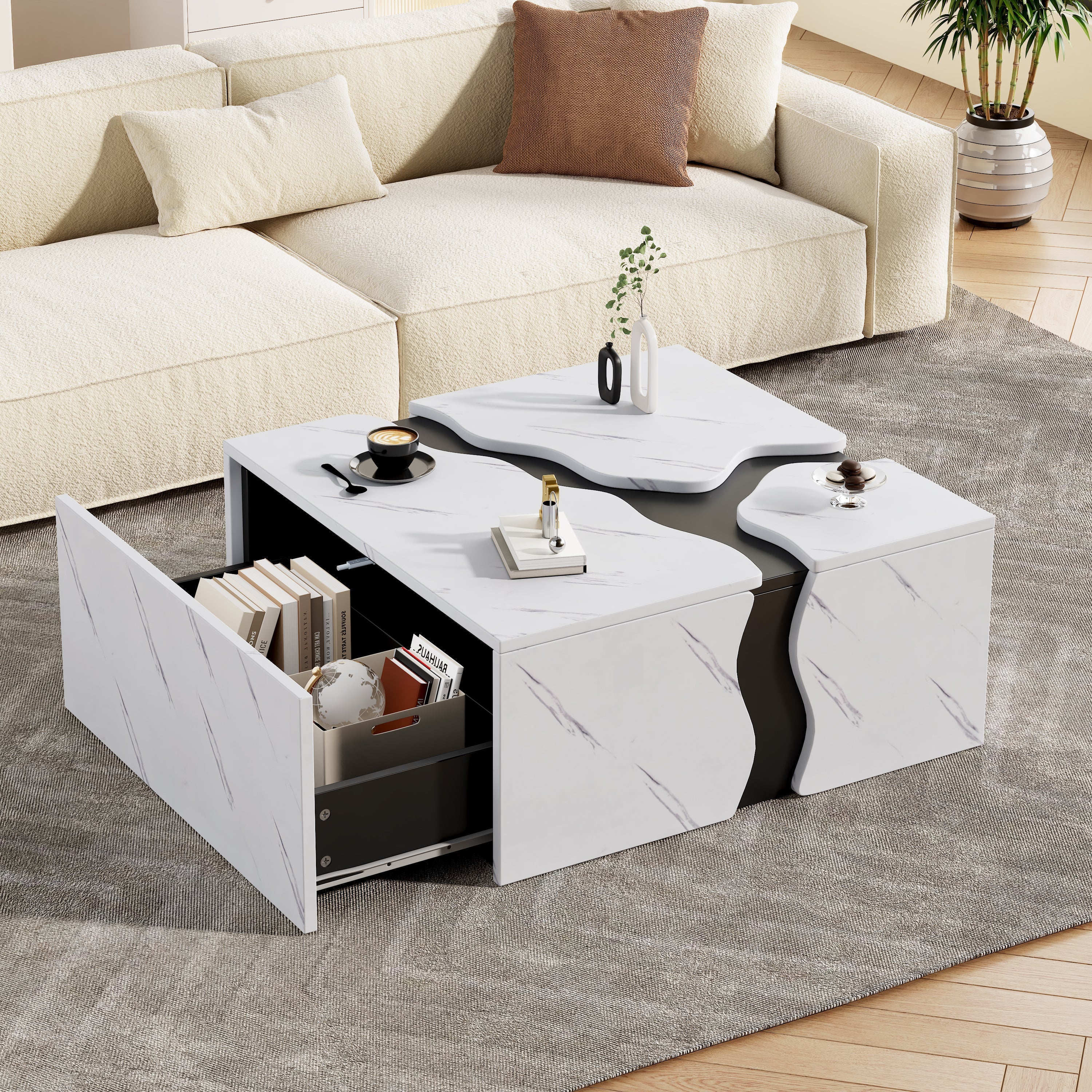 Living Room Coffee Table 70x70x31cm Cube Design Drawer Storage Marble Veneer - Image 3