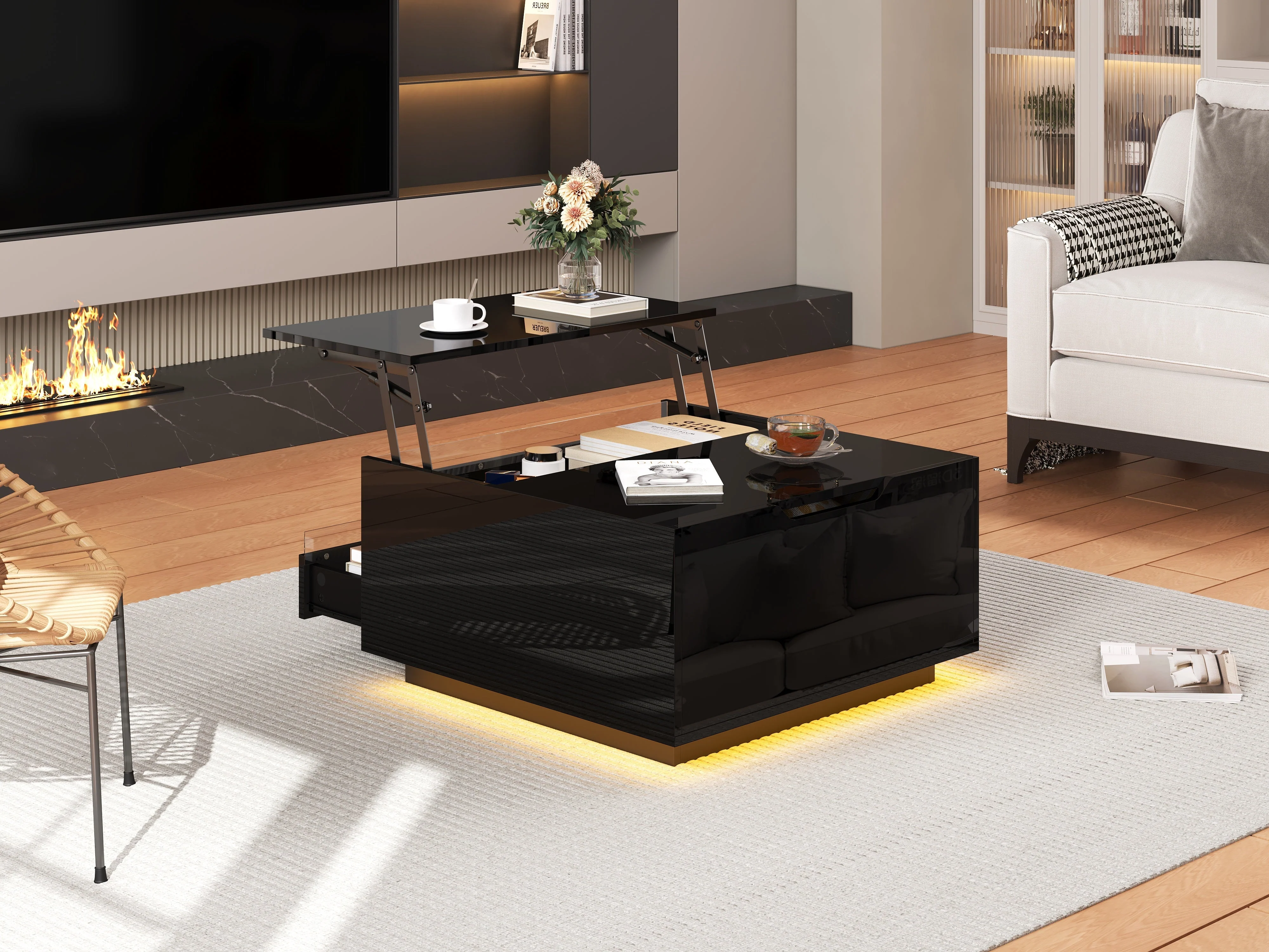 Living Room Coffee Table, Liftable with LED Light Strip, 1 Drawer, Hidden Storage & Flip-Up Doors, High-Gloss Black - Image 6