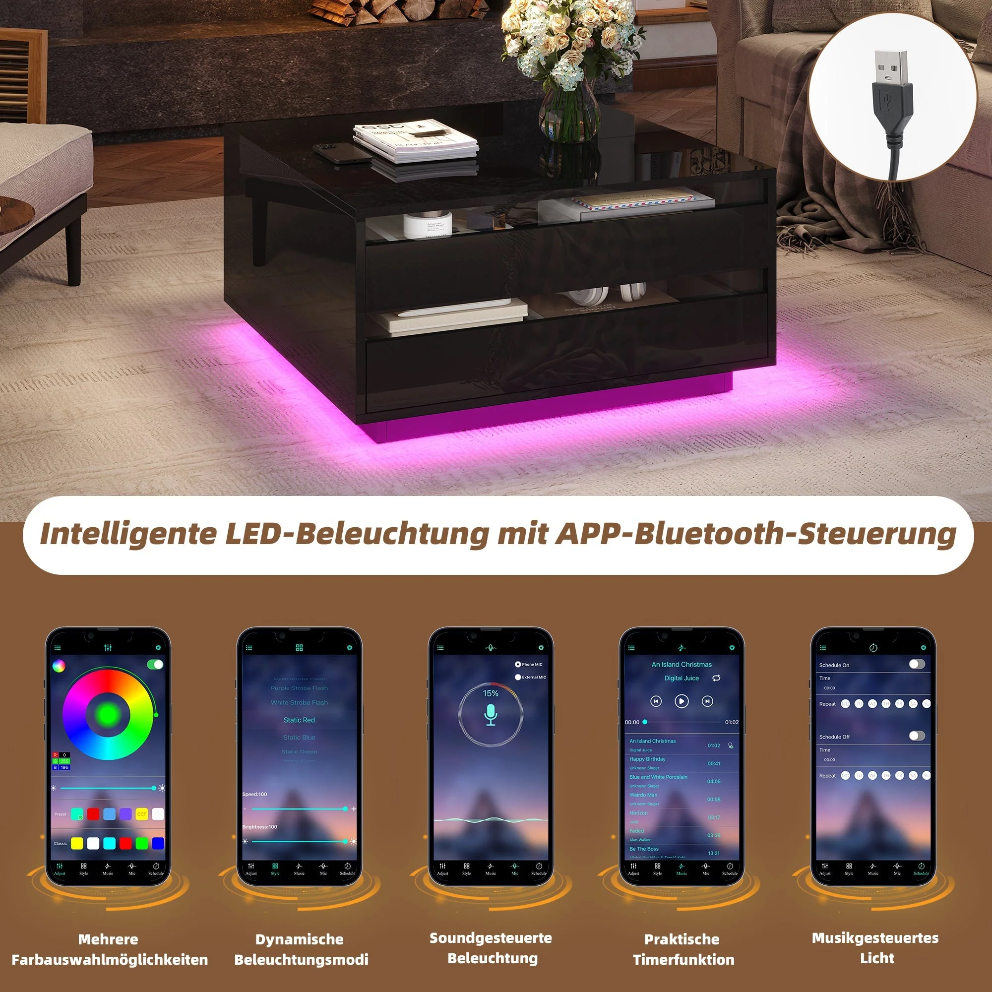 Living Room Coffee Table, Liftable with LED Light Strip, 1 Drawer, Hidden Storage & Flip-Up Doors, High-Gloss Black - Image 9