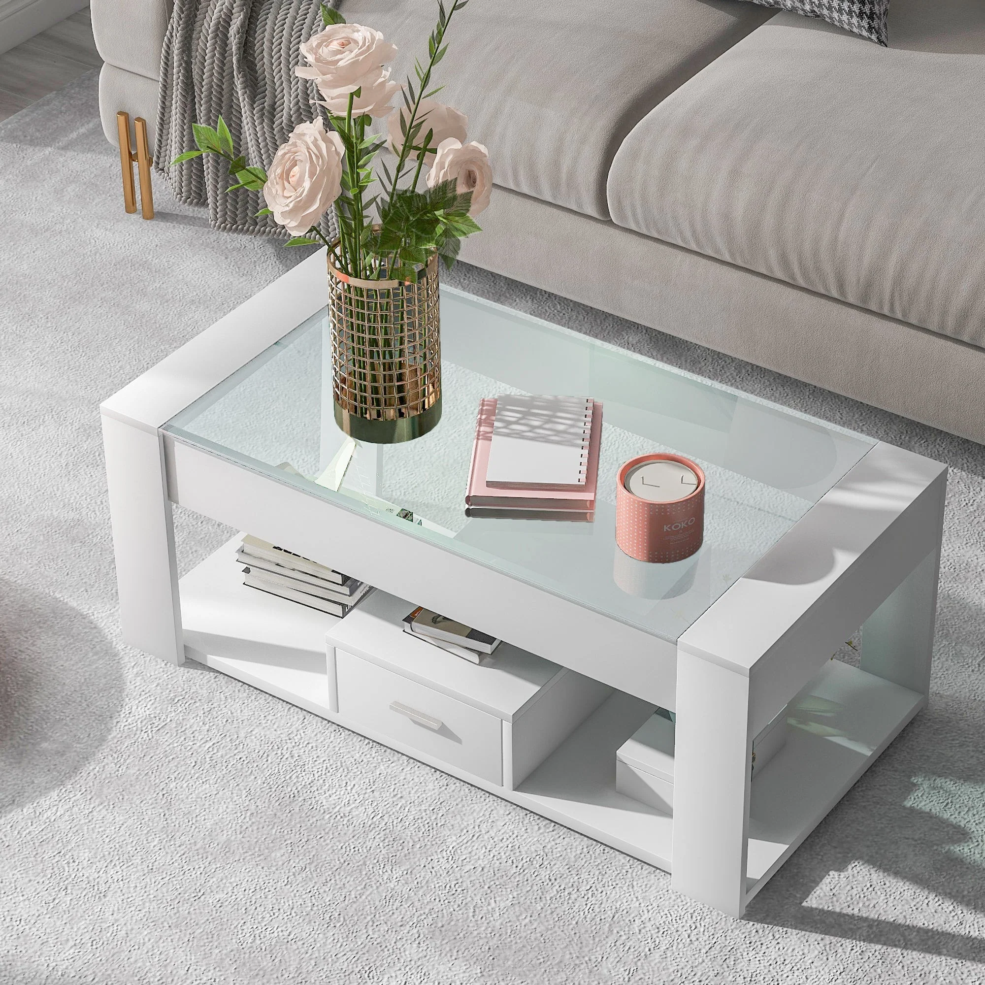 Living Room Coffee Table with Glass Top, Lockers, and Storage, White - Image 9