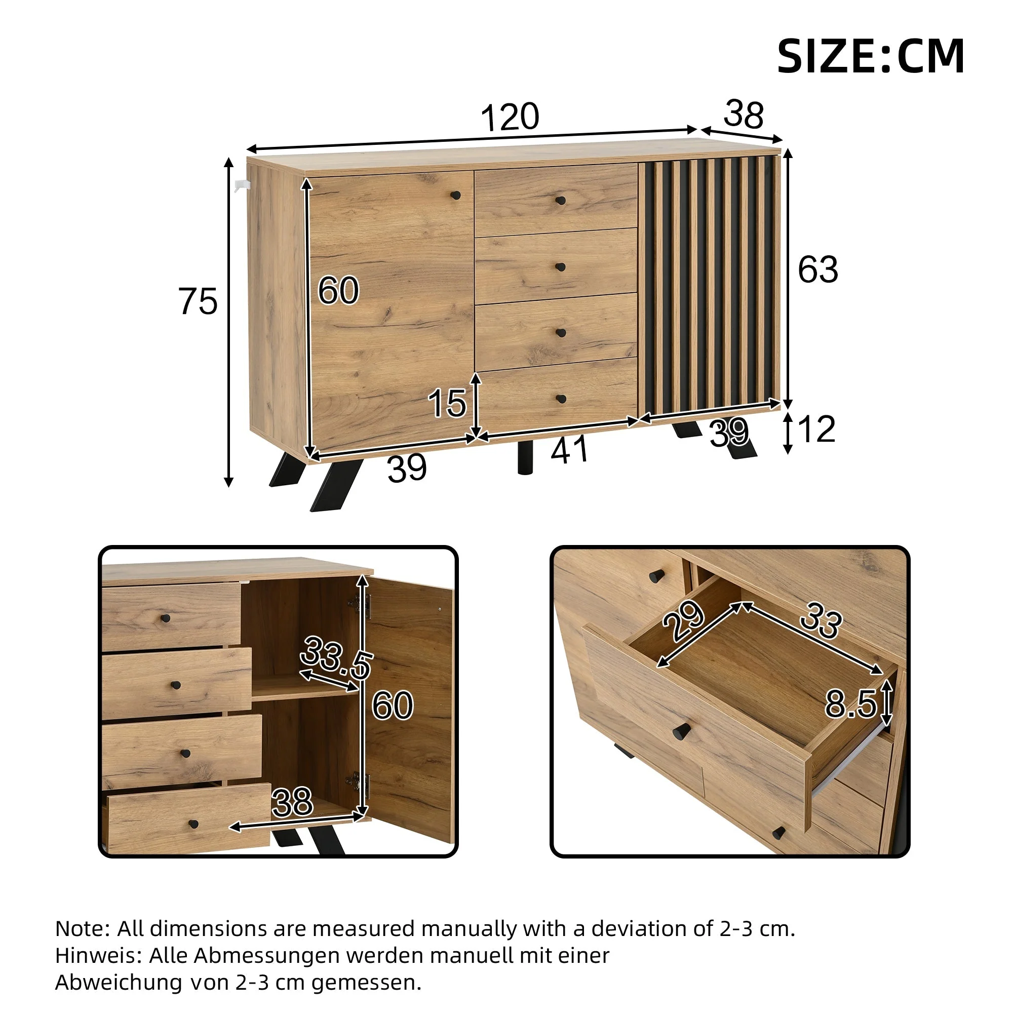 Living Room Combination, 120cm Sideboard + 150cm TV Cabinet, 5-Tier Storage, Solid Black Wood - Image 4