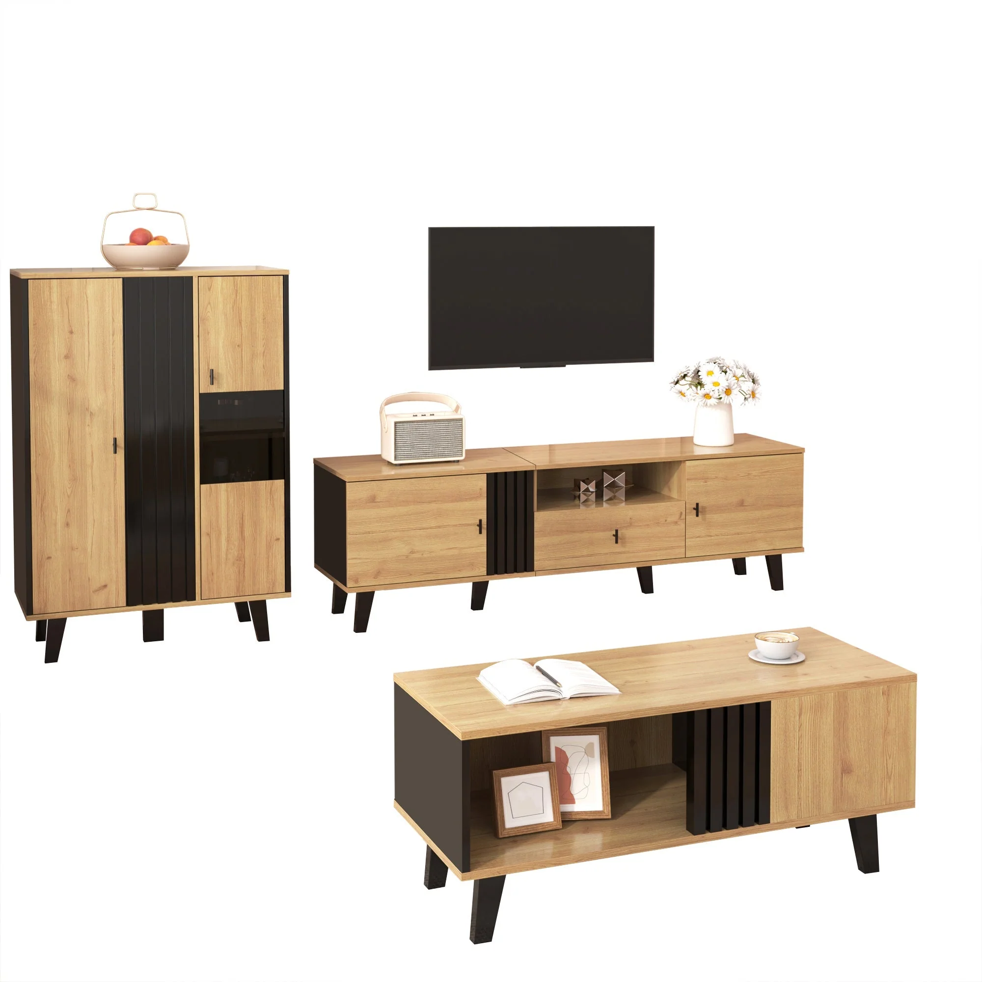 Living Room Furniture Set, 3-Piece Coffee Table TV Cabinet Sideboard Modern Design, Wood and Black - Image 2