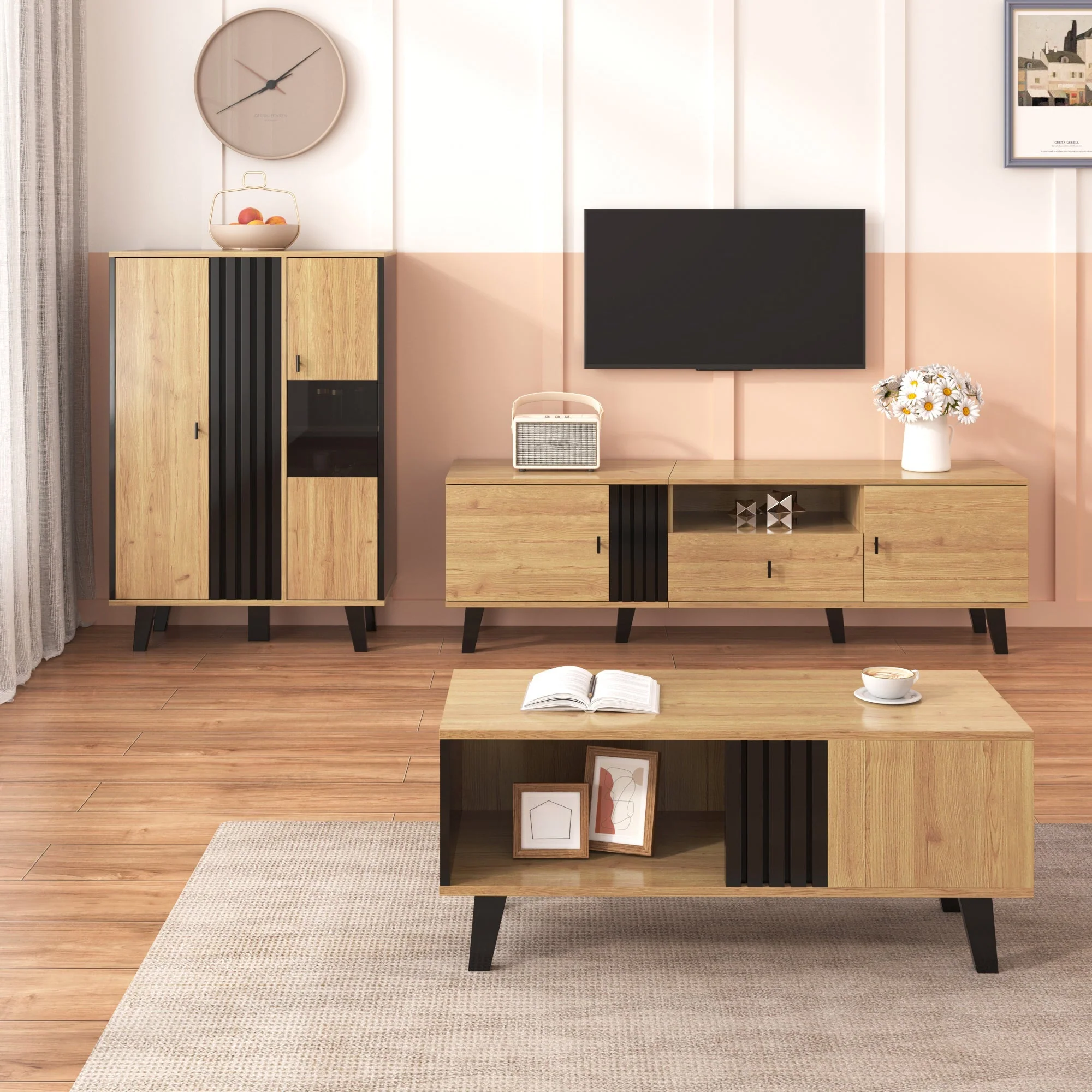 Living Room Furniture Set, 3-Piece Coffee Table TV Cabinet Sideboard Modern Design, Wood and Black - Image 3