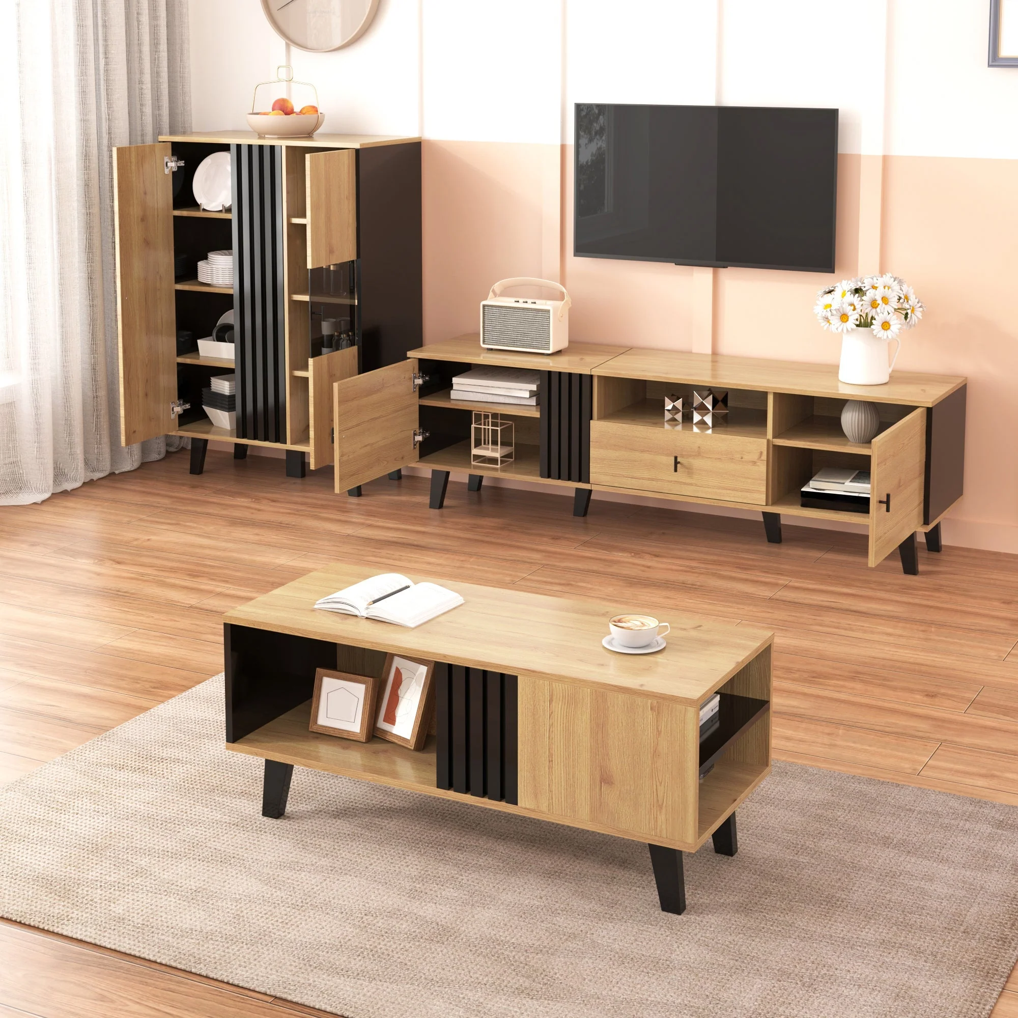 Living Room Furniture Set, 3-Piece Coffee Table TV Cabinet Sideboard Modern Design, Wood and Black - Image 5