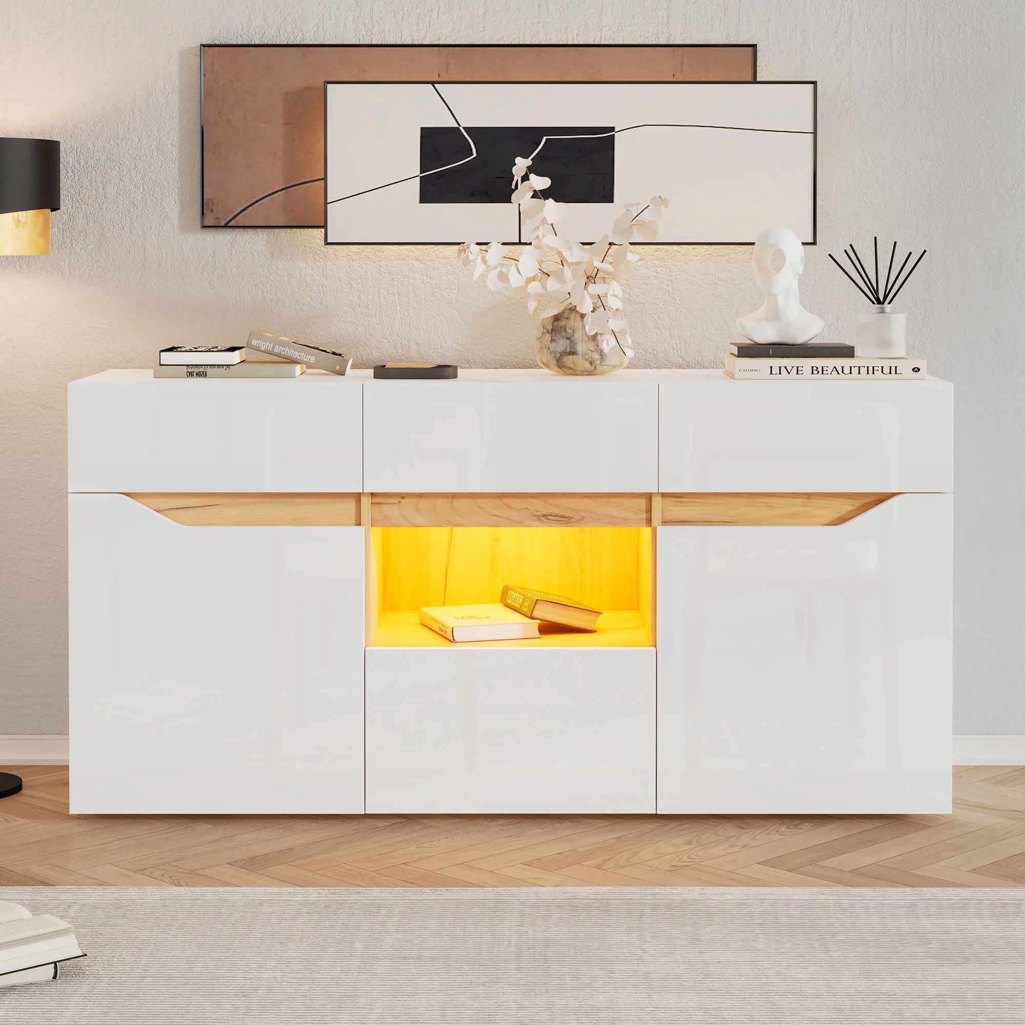 Living Room Sideboard, 4-Drawer Cabinet with LED Lighting, White & Wood - Image 6