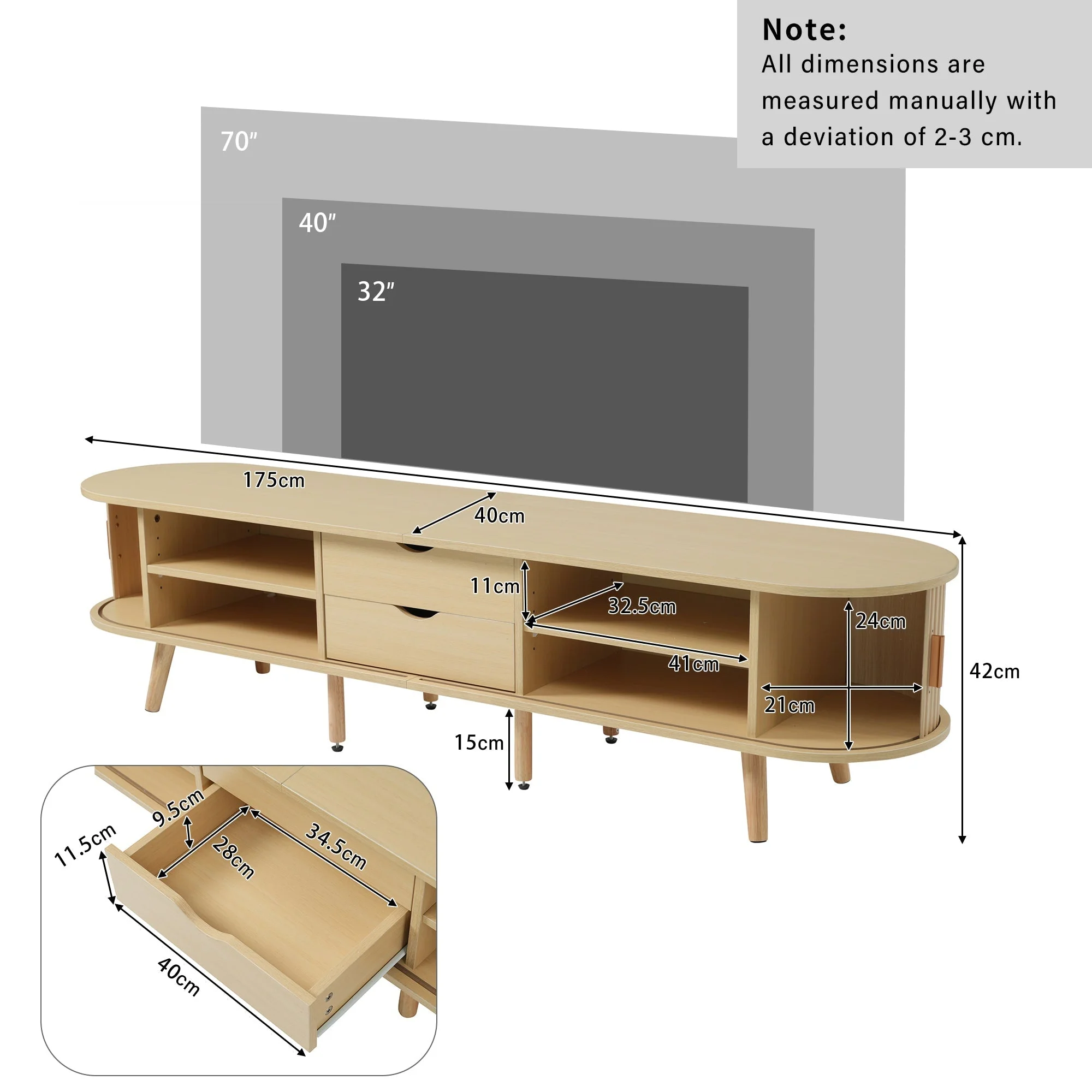 Living Room TV Cabinet with Storage, Round Table Top, 2 Drawers, MDF Wood Grain - Image 6