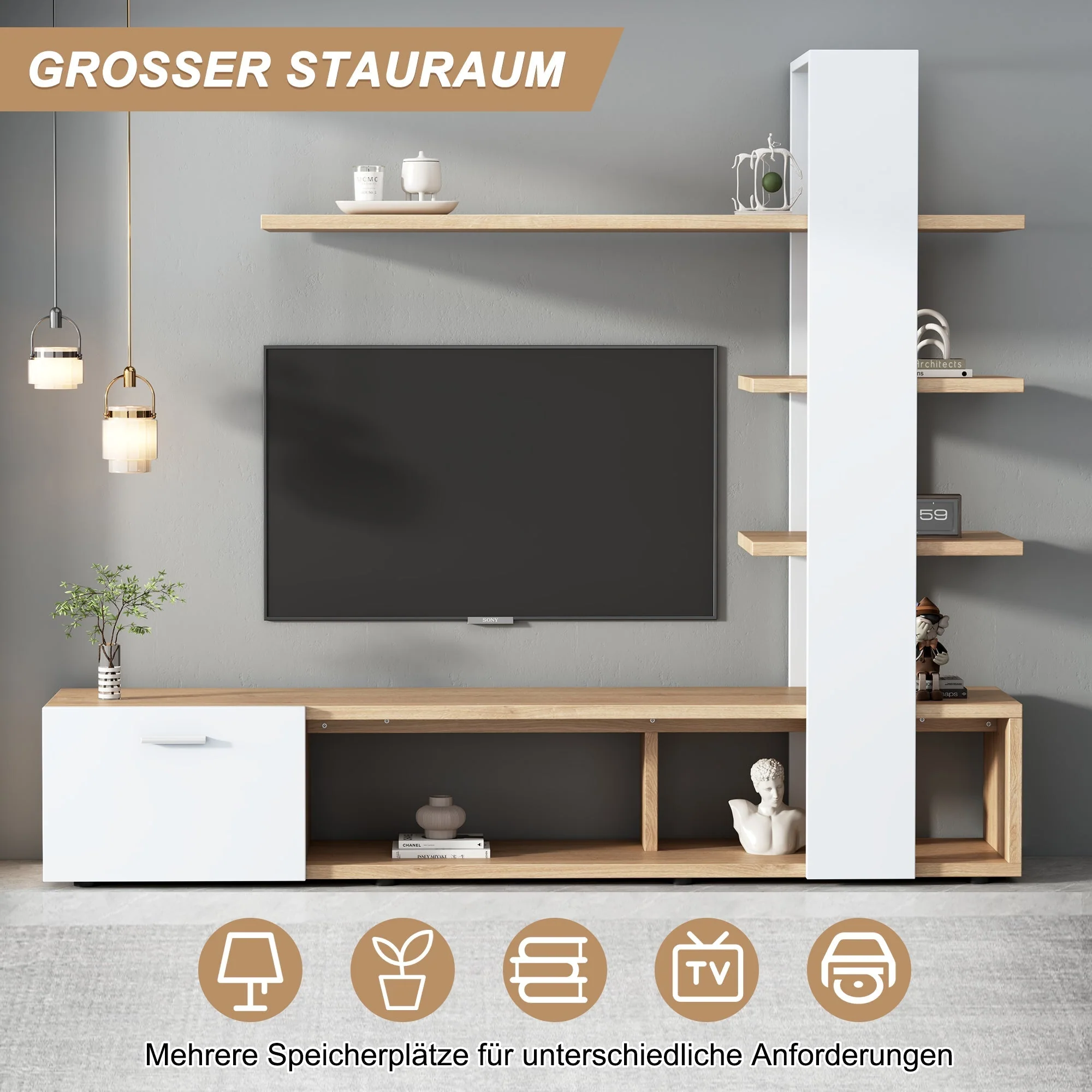 Living Room Wall Cabinet, 180x33.5x151.5cm, for TVs under 60 inches, Modern Oak White - Image 6