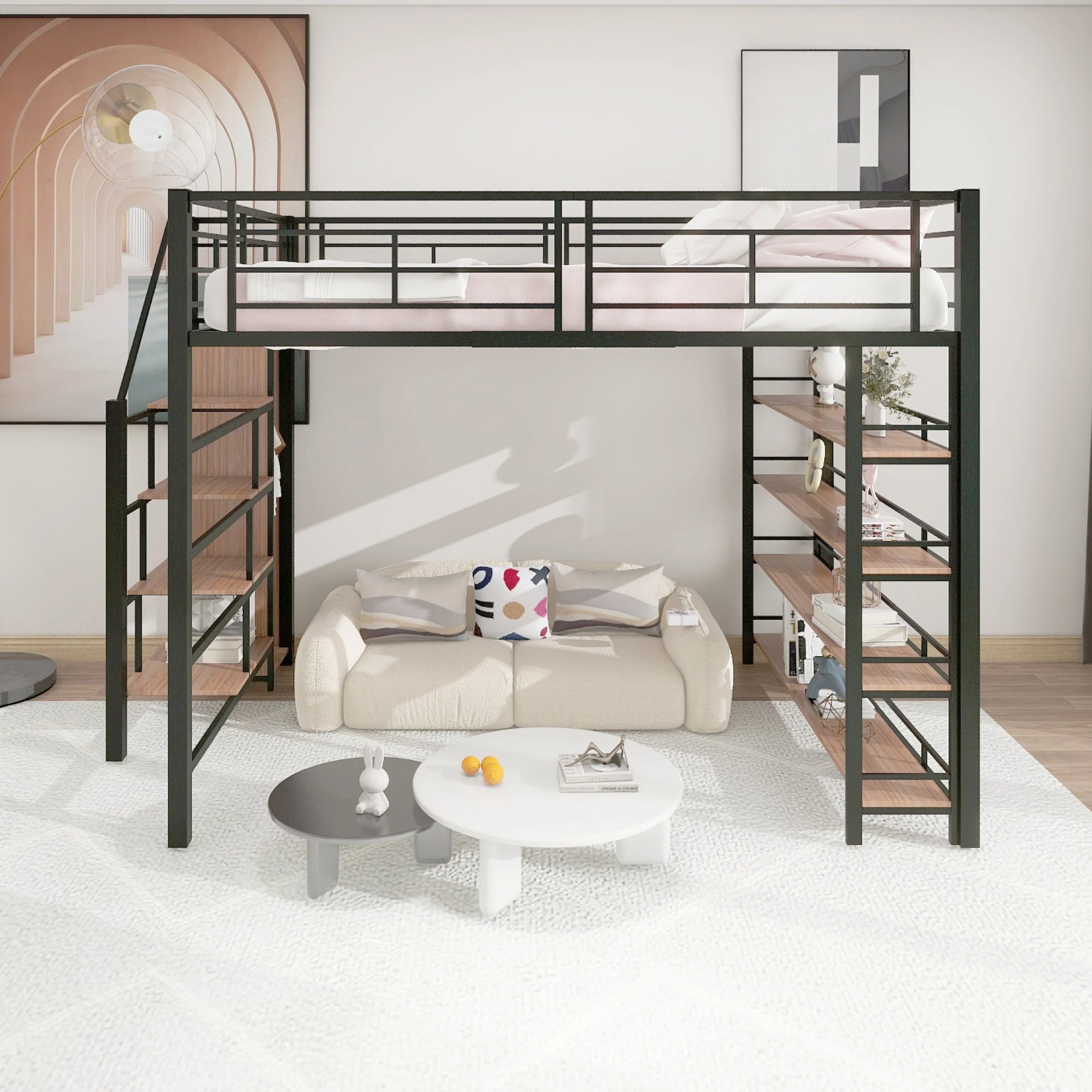 Loft Bed 140*200, Safety Stairs, Storage, Wardrobe, Shelves, Black - Image 3