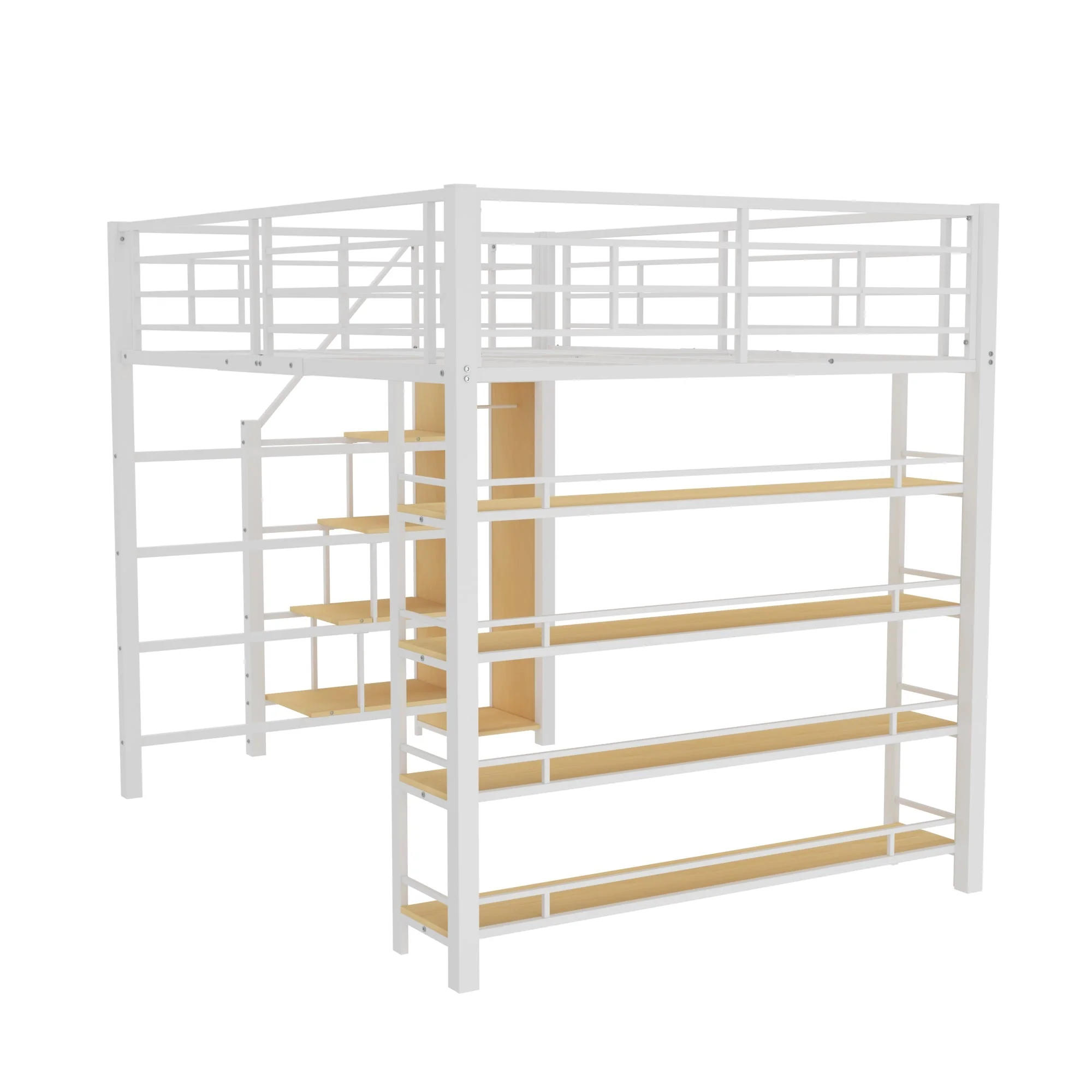Loft Bed, 140*200 with Stairs, Storage, Wardrobe, Shelves, White - Image 4