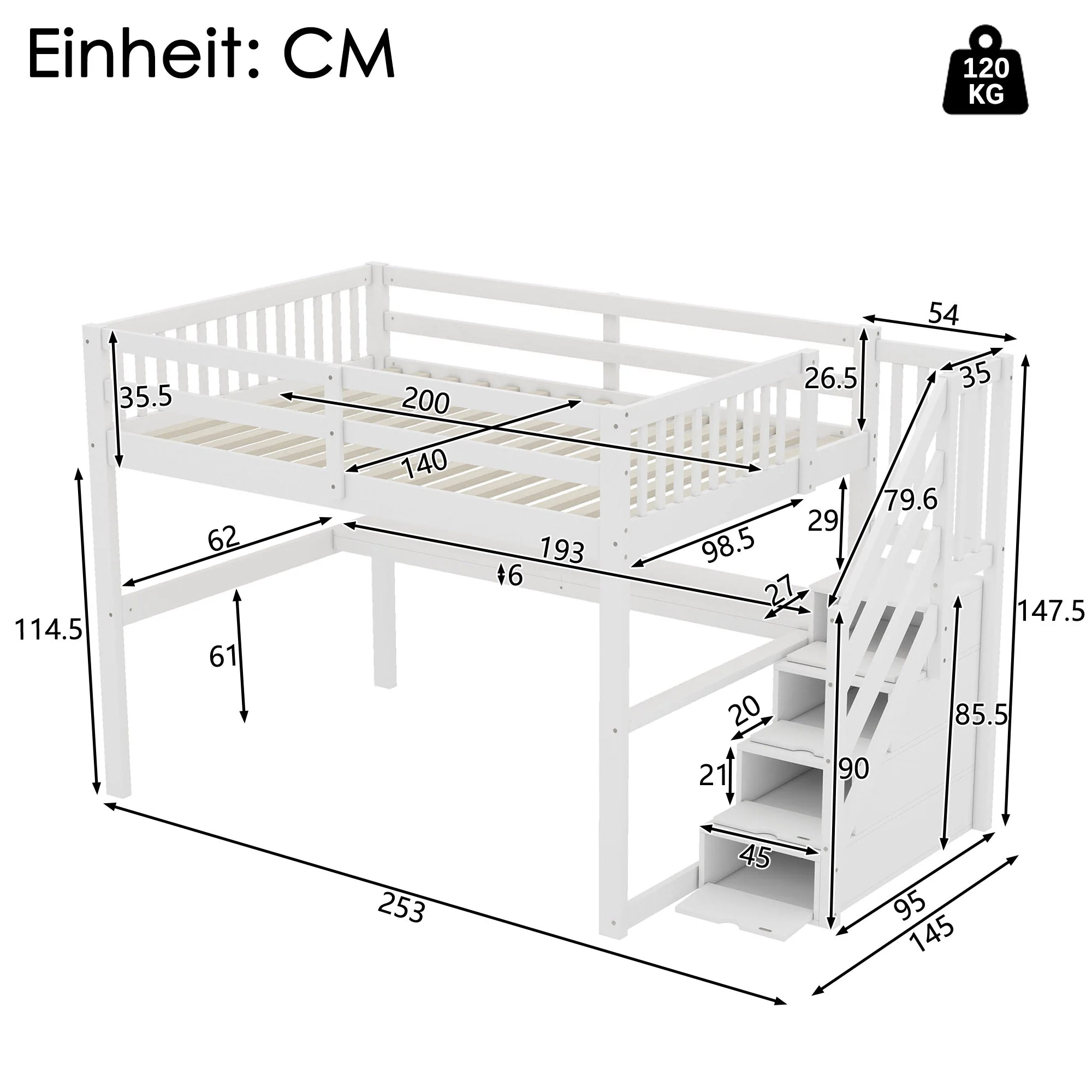 Loft Bed 140x200 Children's Storage Drawers Desk - White - Image 6