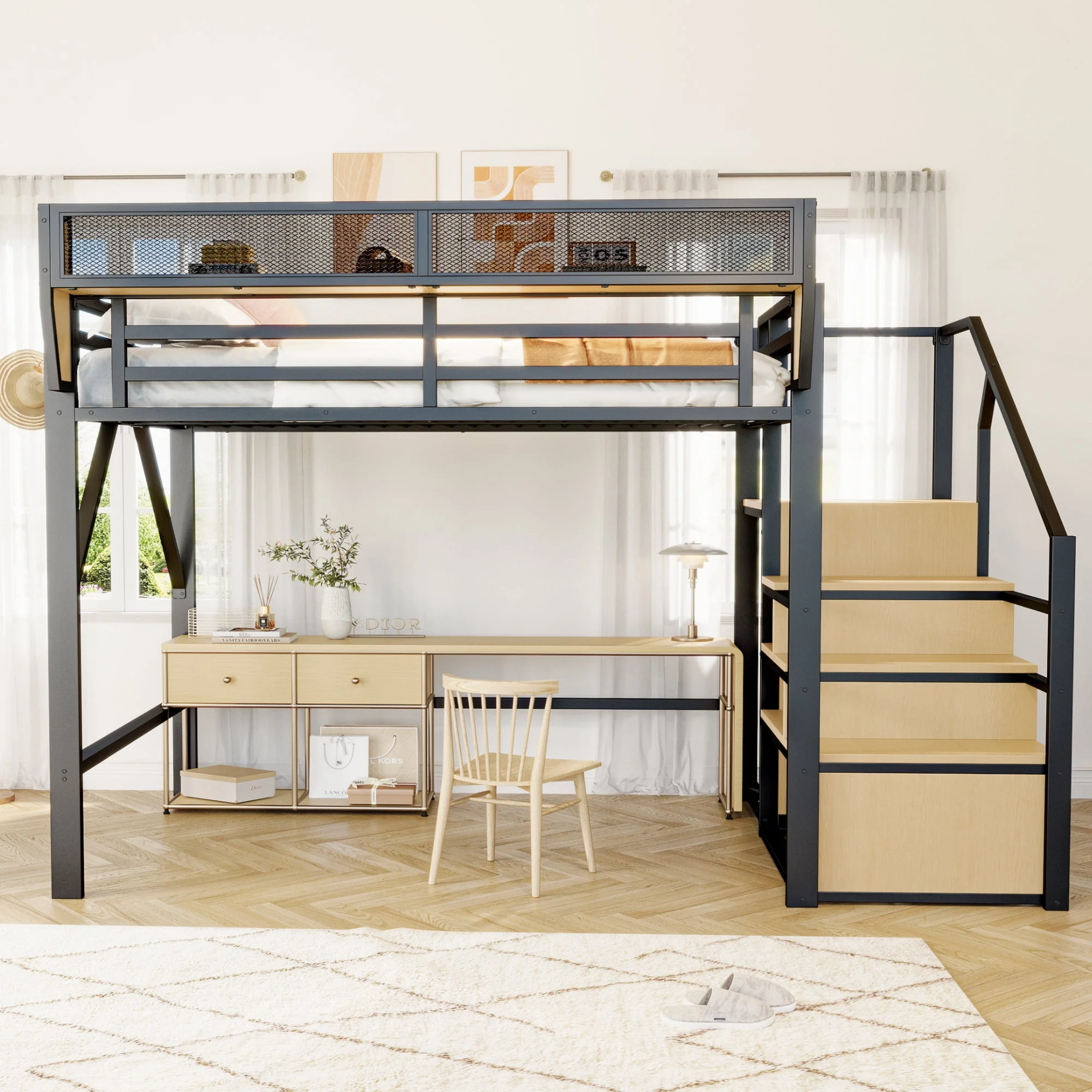 Loft Bed 140x200 Safety Ladder Flexible Storage Metal Black - Image 3