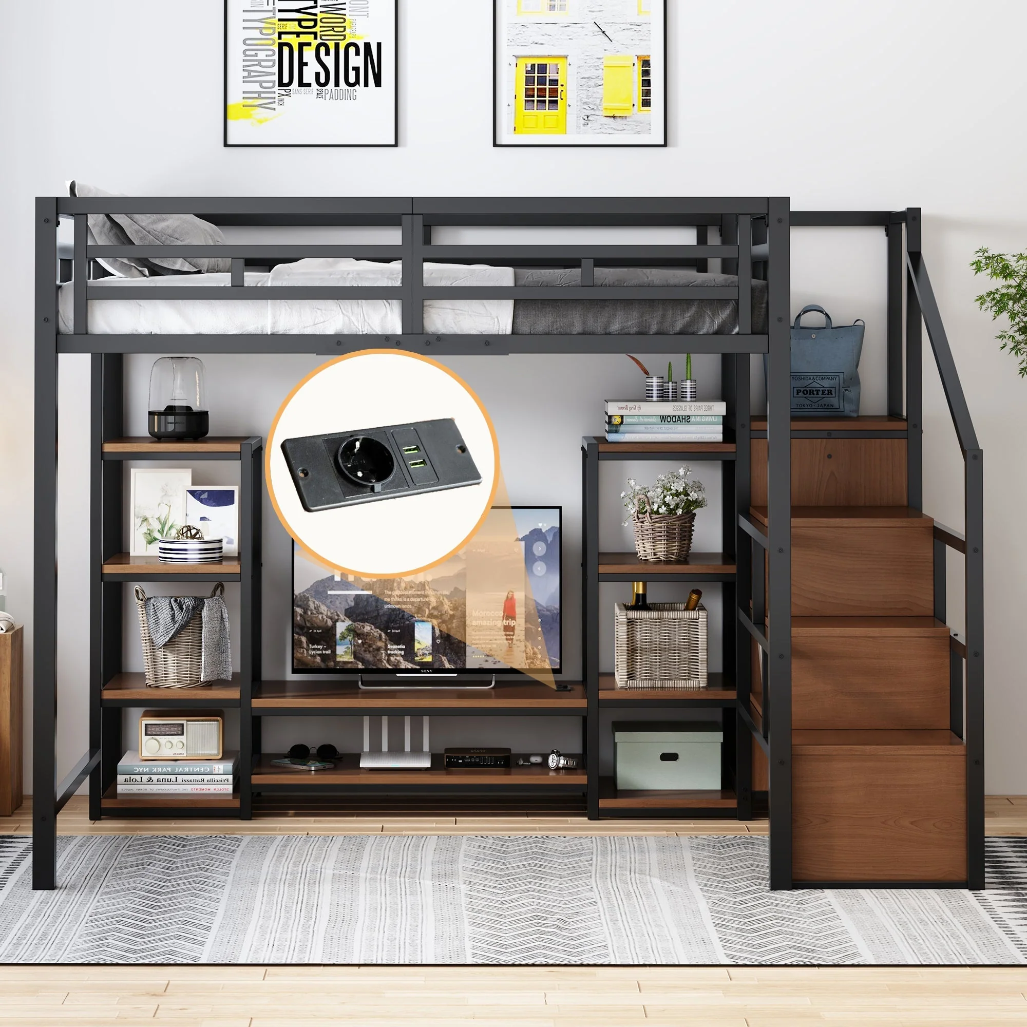 Loft Bed 140x200 TV Stand Power Outlet Safety Ladder, Metal/Wood Black