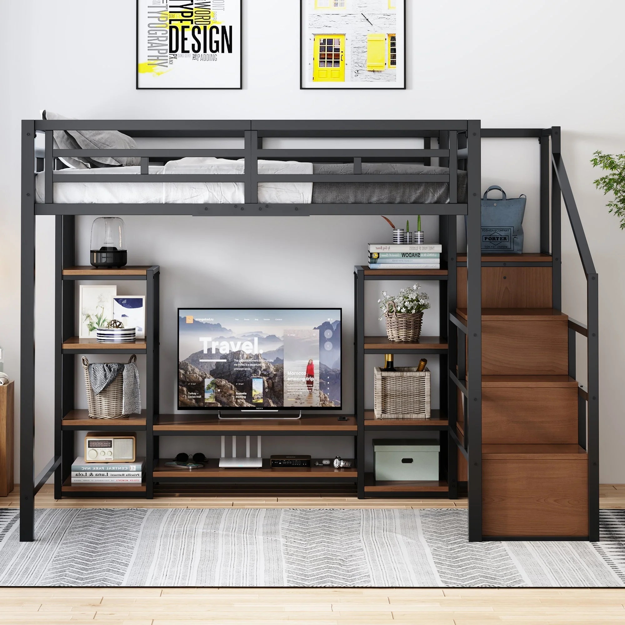 Loft Bed 140x200 TV Stand Power Outlet Safety Ladder, Metal/Wood Black - Image 2