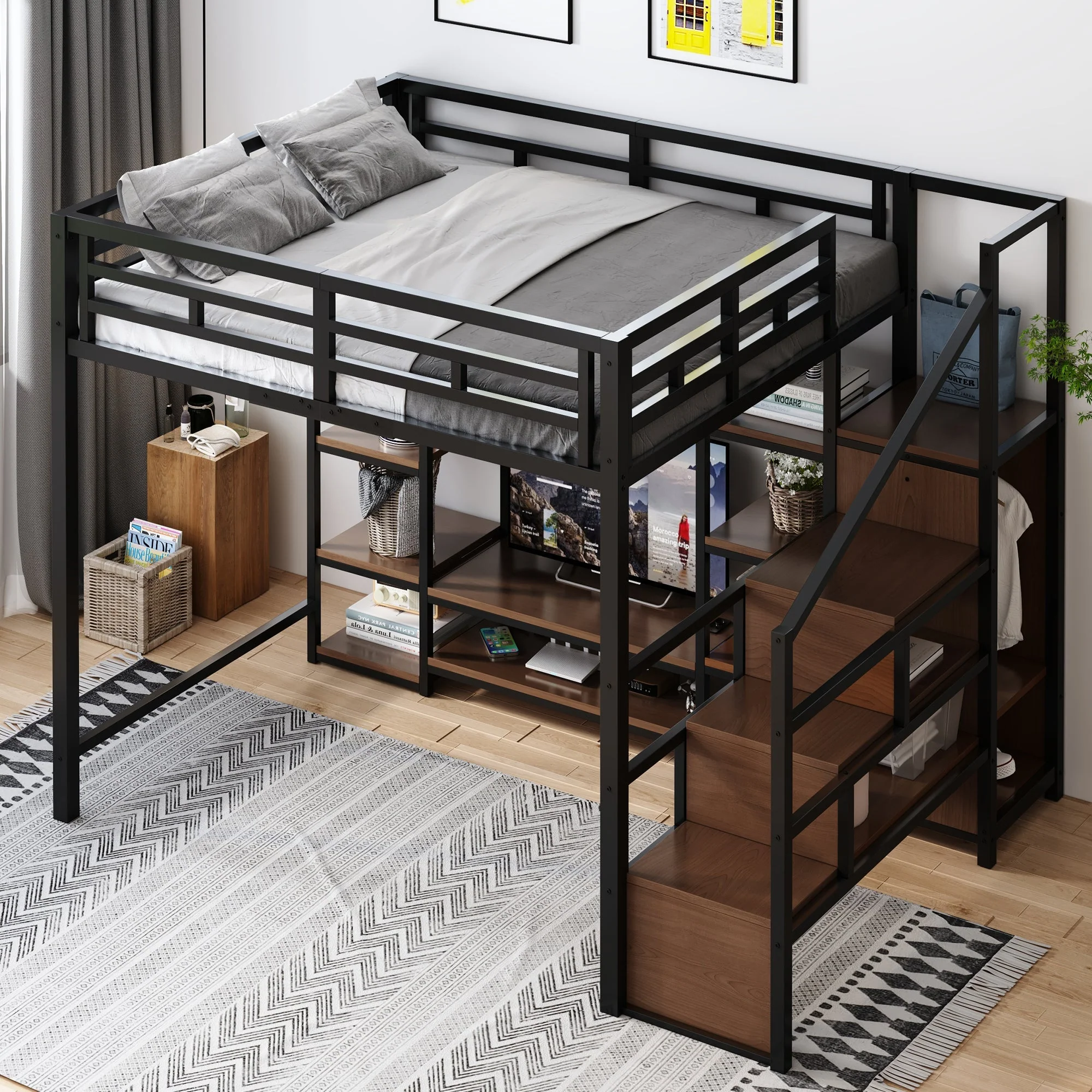 Loft Bed 140x200 TV Stand Power Outlet Safety Ladder, Metal/Wood Black - Image 3