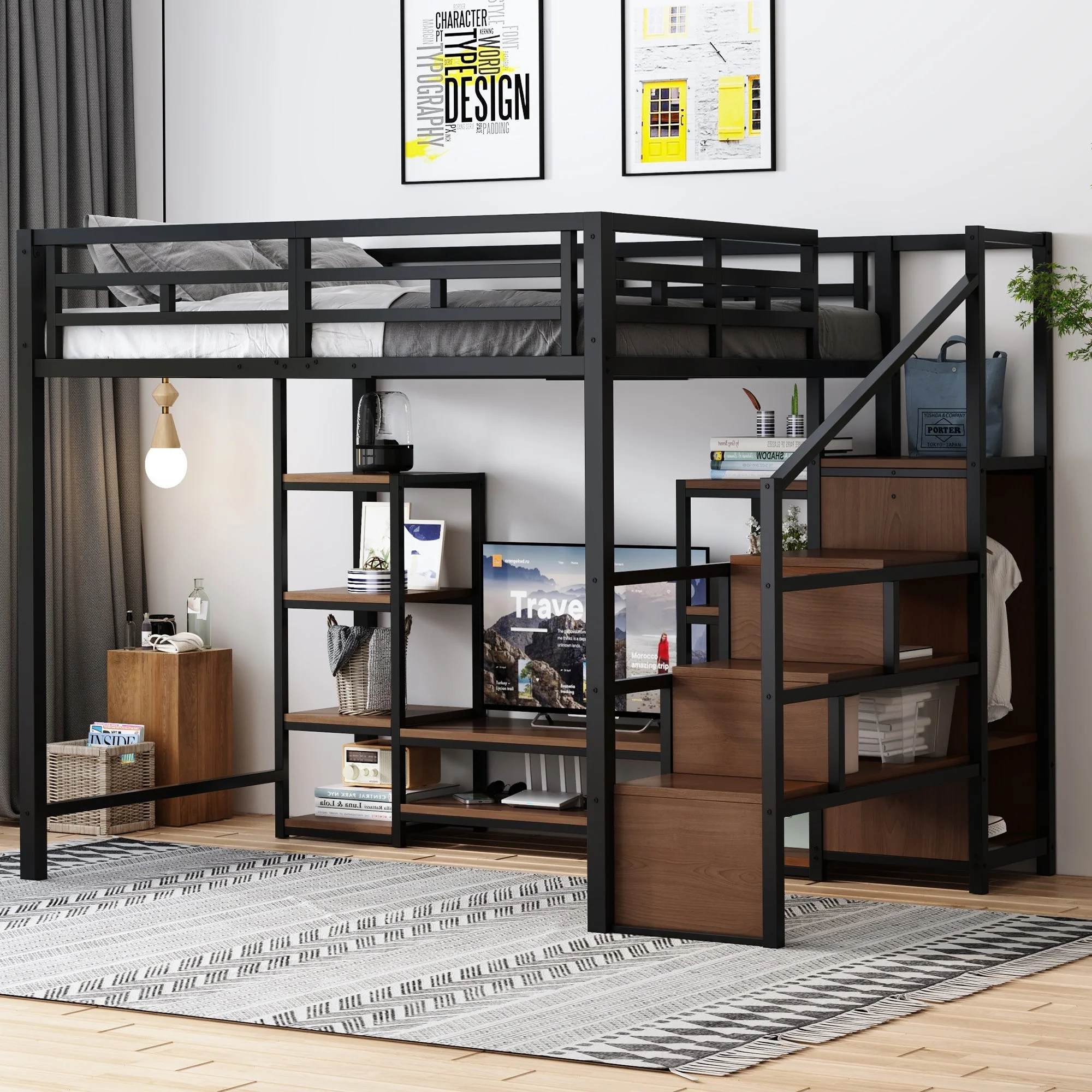 Loft Bed 140x200 TV Stand Power Outlet Safety Ladder, Metal/Wood Black - Image 4